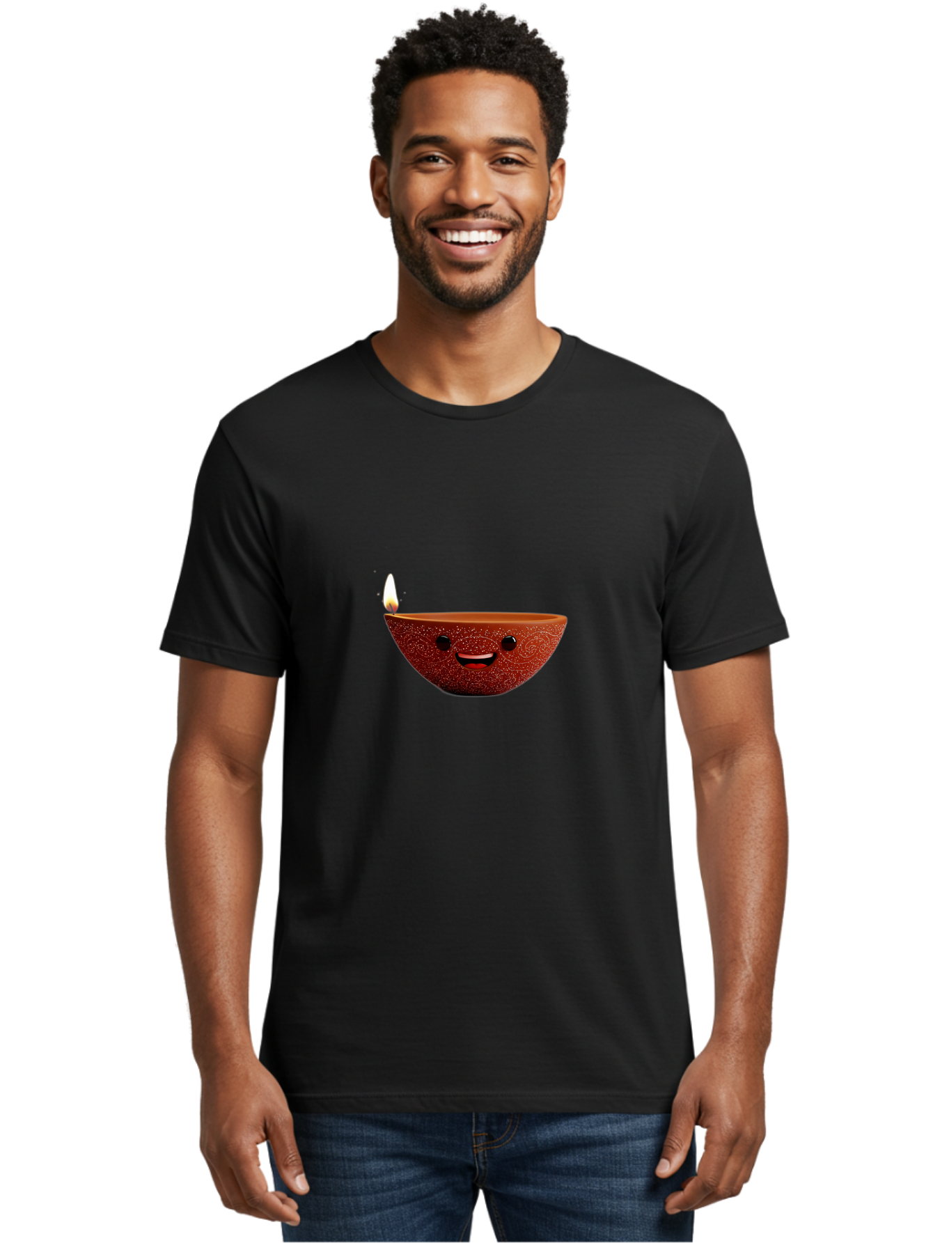 Diya-Lamp-1 Men'S Graphic Tee, 100% Cotton, Comfortable Casual Summer Wear, Machine Washable, Clay Diya Lamp, Decorative Lamp, Lit Candle, Happy Face, Traditional Indian, Festive Mood, Diwali Celebration, Warm Glow Bad018