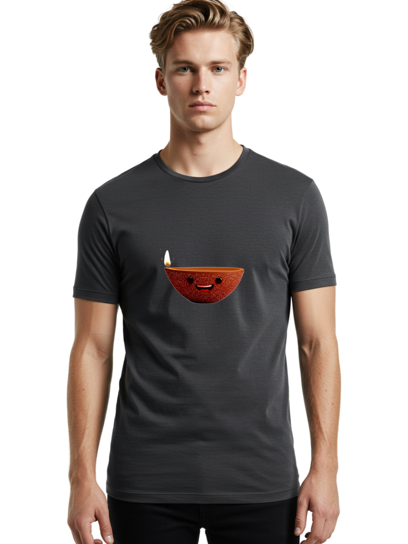 Diya-Lamp-1 Men'S Graphic Tee, 100% Cotton, Comfortable Casual Summer Wear, Machine Washable, Clay Diya Lamp, Decorative Lamp, Lit Candle, Happy Face, Traditional Indian, Festive Mood, Diwali Celebration, Warm Glow Bad018