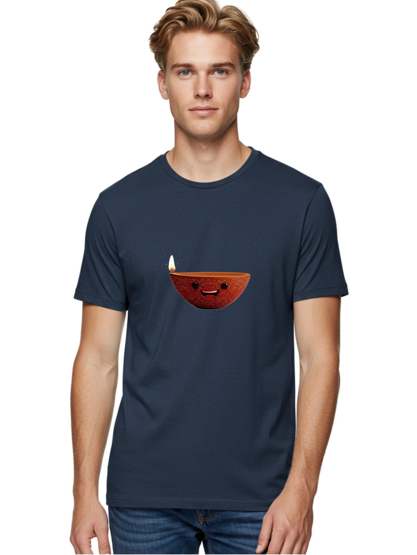 Diya-Lamp-1 Men'S Graphic Tee, 100% Cotton, Comfortable Casual Summer Wear, Machine Washable, Clay Diya Lamp, Decorative Lamp, Lit Candle, Happy Face, Traditional Indian, Festive Mood, Diwali Celebration, Warm Glow Bad018