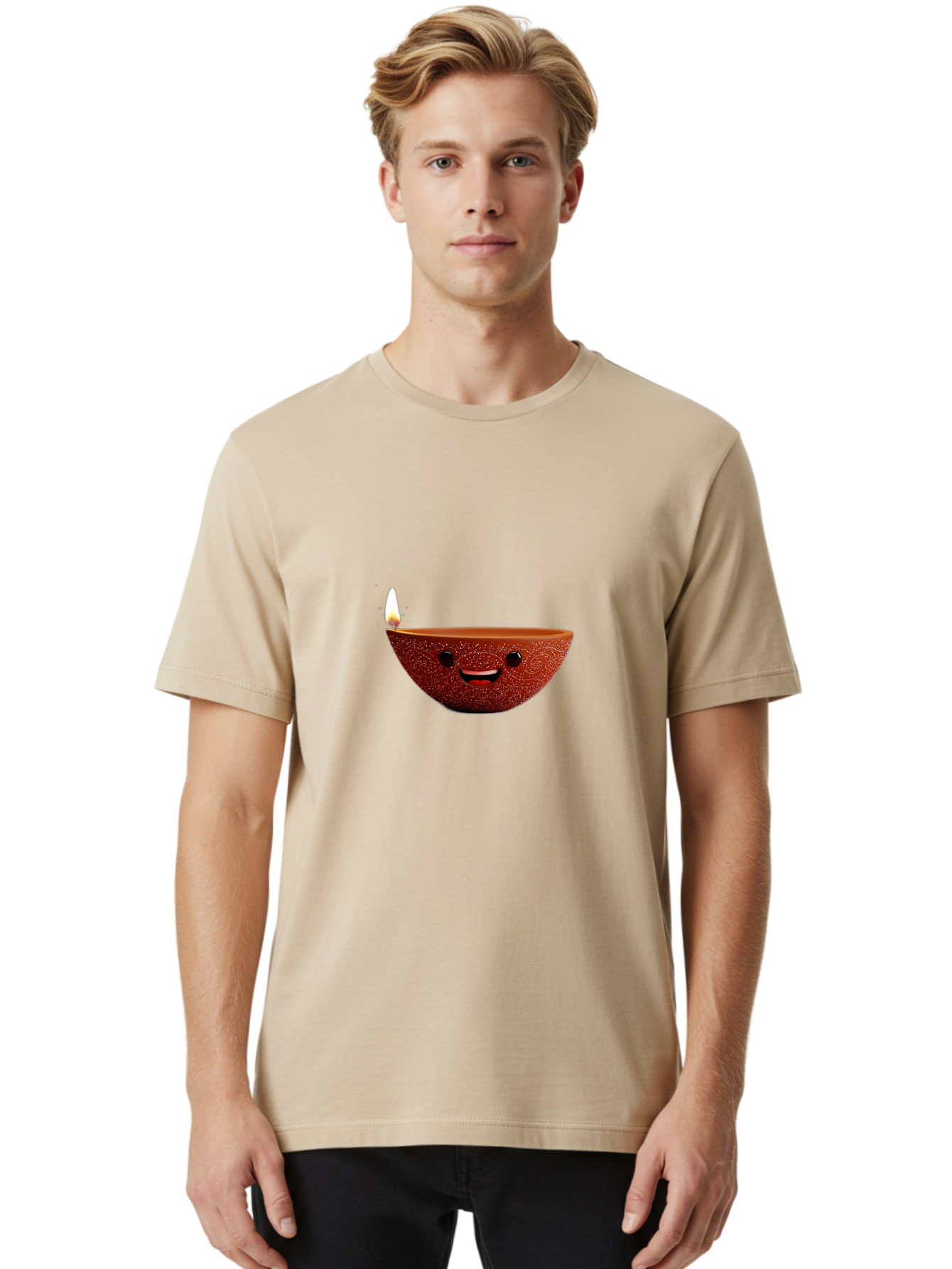 Diya-Lamp-1 Men'S Graphic Tee, 100% Cotton, Comfortable Casual Summer Wear, Machine Washable, Clay Diya Lamp, Decorative Lamp, Lit Candle, Happy Face, Traditional Indian, Festive Mood, Diwali Celebration, Warm Glow Bad018