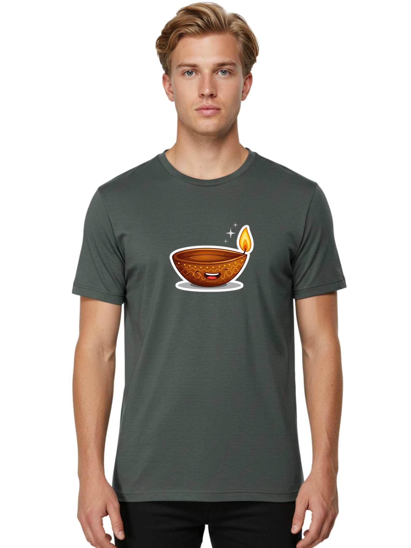 Diya-Lamp-3 Men'S Graphic Tee, 100% Cotton, Comfortable Casual Summer Wear, Machine Washable, Diya Lamp, Diwali Celebration, Traditional Indian Decor, Smiling Face, Lit Candle, Festive Atmosphere, Happy Emotions, Cultural Heritage, Bad020