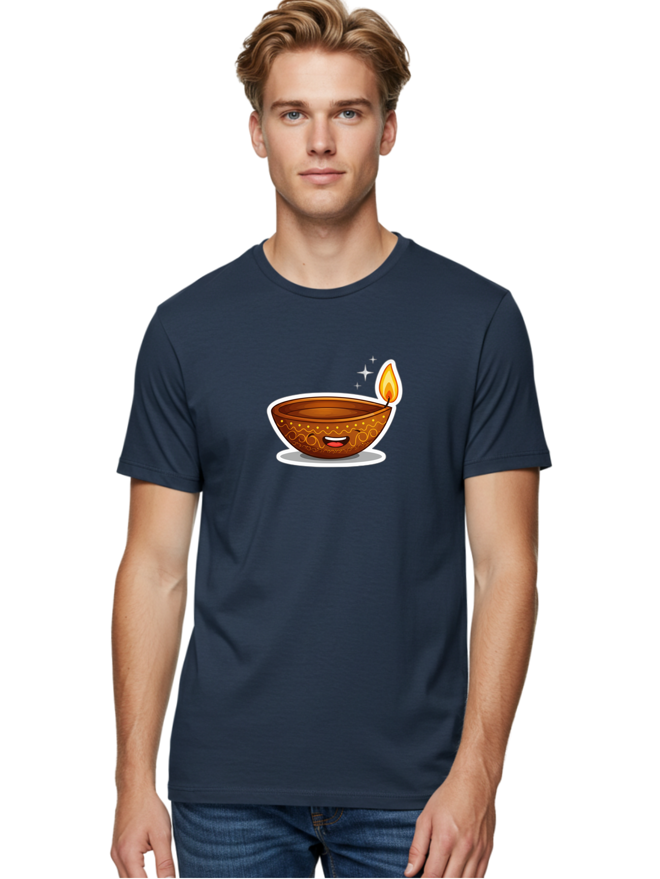 Diya-Lamp-3 Men'S Graphic Tee, 100% Cotton, Comfortable Casual Summer Wear, Machine Washable, Diya Lamp, Diwali Celebration, Traditional Indian Decor, Smiling Face, Lit Candle, Festive Atmosphere, Happy Emotions, Cultural Heritage, Bad020