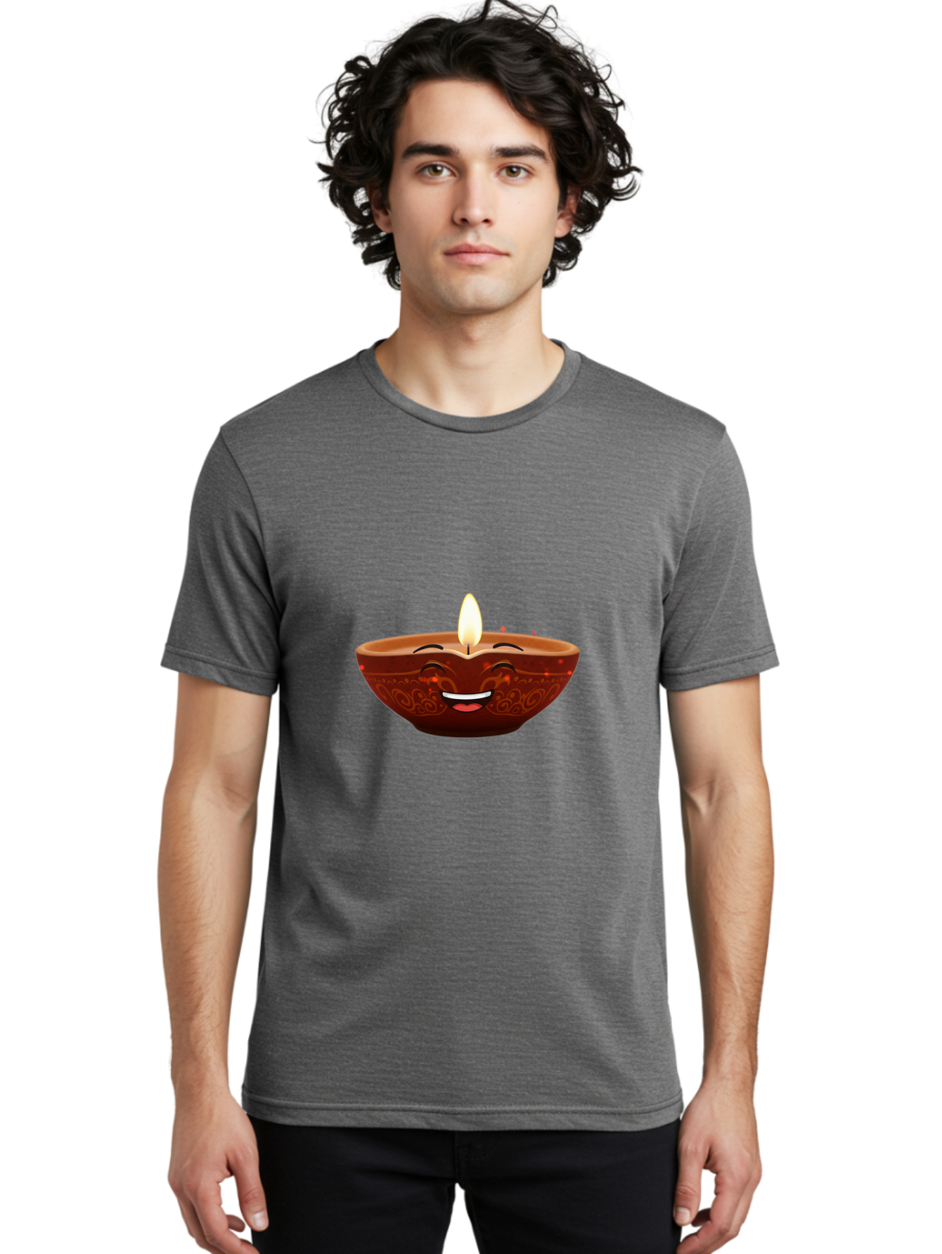 Diya-Lamp-5 Men'S Graphic Tee, 100% Cotton, Comfortable Casual Summer Wear, Machine Washable, Diwali Diya, Clay Lamp, Lit Candle, Smiling Face, Traditional Decor, Festive Atmosphere, Indian Culture, Warm Glow, Happiness Bad022
