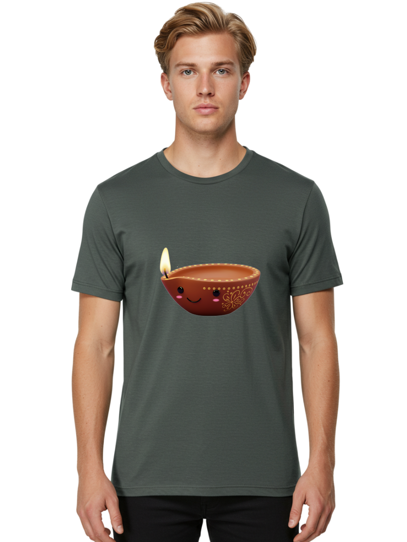 Diya-Lamp-7 Men'S Graphic Tee, 100% Cotton, Comfortable Casual Summer Wear, Machine Washable, Traditional Diya Lamp, Clay Diya, Lit Candle, Festive Decor, Indian Culture, Smiling Face, Decorative Patterns, Warm Glow, Cultural Heritage, Bad024