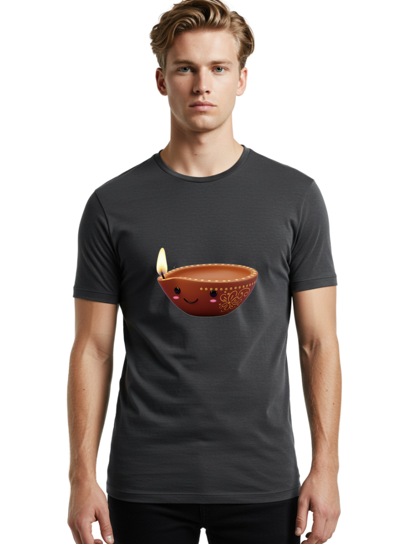Diya-Lamp-7 Men'S Graphic Tee, 100% Cotton, Comfortable Casual Summer Wear, Machine Washable, Traditional Diya Lamp, Clay Diya, Lit Candle, Festive Decor, Indian Culture, Smiling Face, Decorative Patterns, Warm Glow, Cultural Heritage, Bad024