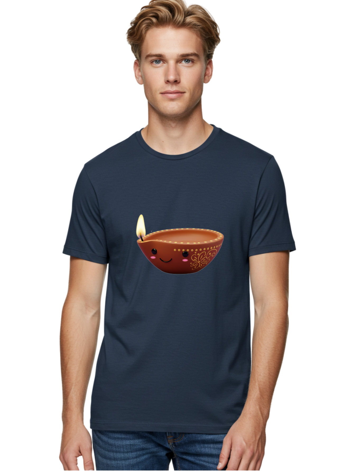 Diya-Lamp-7 Men'S Graphic Tee, 100% Cotton, Comfortable Casual Summer Wear, Machine Washable, Traditional Diya Lamp, Clay Diya, Lit Candle, Festive Decor, Indian Culture, Smiling Face, Decorative Patterns, Warm Glow, Cultural Heritage, Bad024