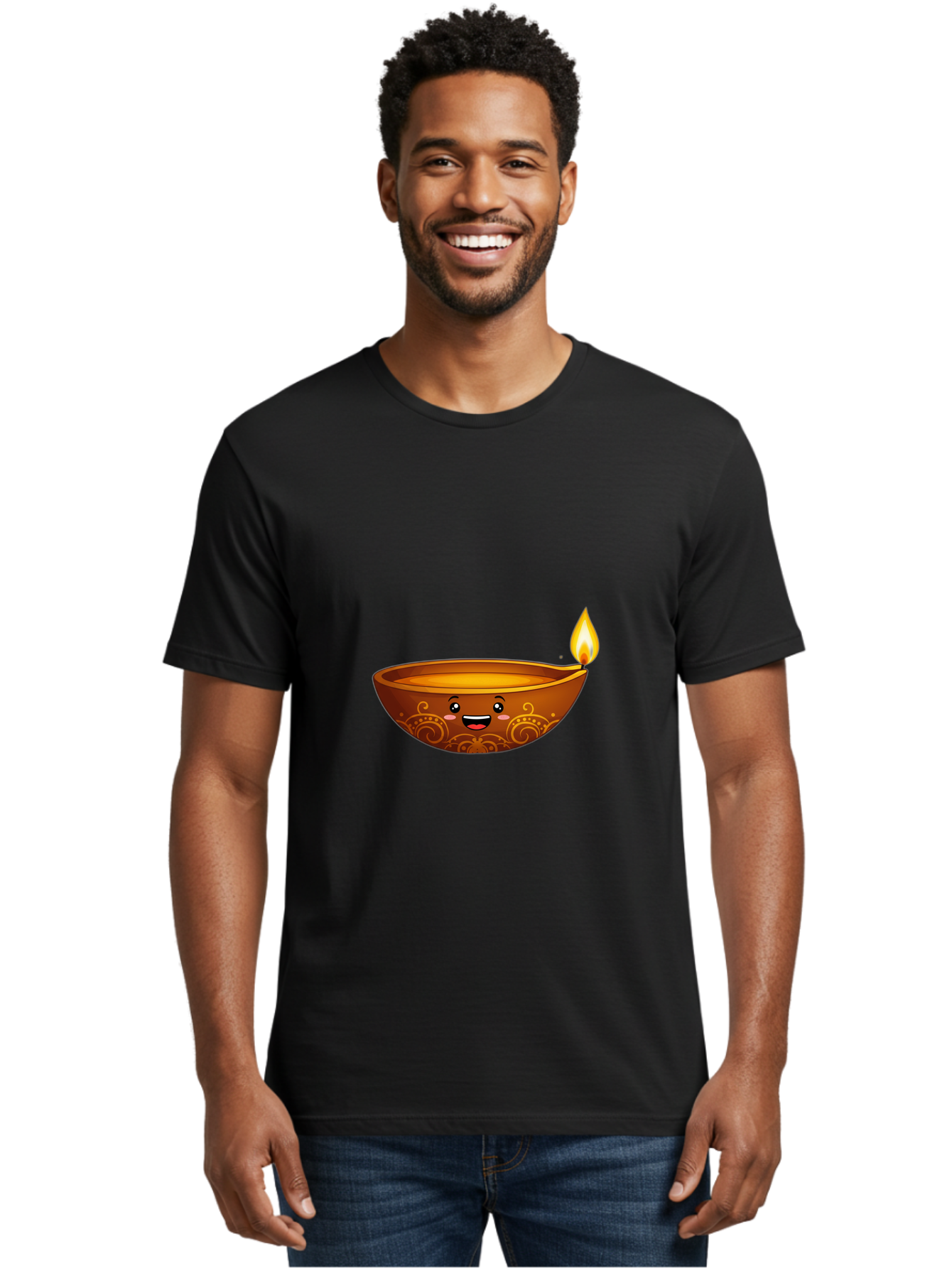 Diya-Lamp Men'S Graphic Tee, 100% Cotton, Comfortable Casual Summer Wear, Machine Washable, Clay Diya Lamp, Lit Diwali Lamp, Indian Culture, Traditional Diya, Diwali Decoration, Festive Season, Happy Face, Smiling Lamp, Orange Glow Bad025
