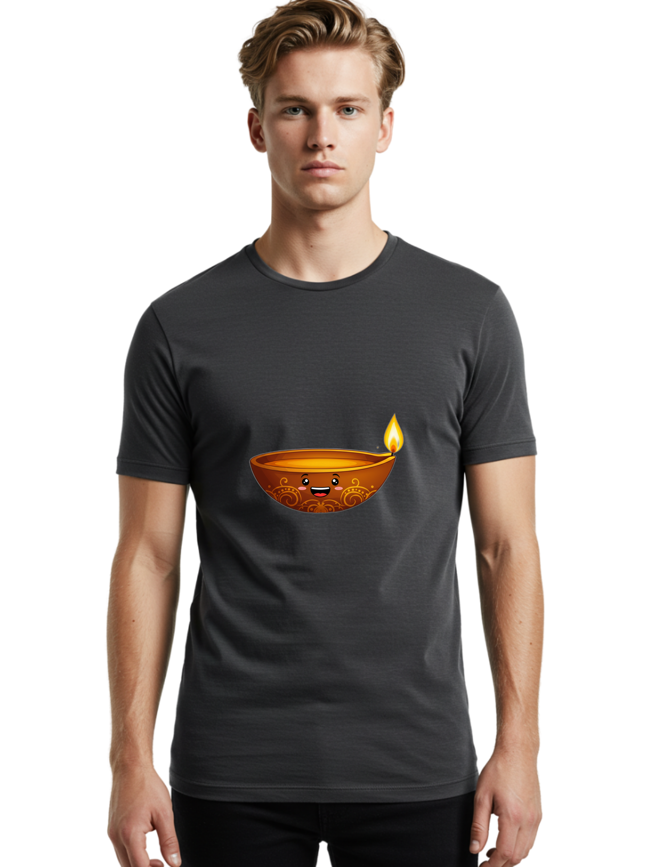 Diya-Lamp Men'S Graphic Tee, 100% Cotton, Comfortable Casual Summer Wear, Machine Washable, Clay Diya Lamp, Lit Diwali Lamp, Indian Culture, Traditional Diya, Diwali Decoration, Festive Season, Happy Face, Smiling Lamp, Orange Glow Bad025