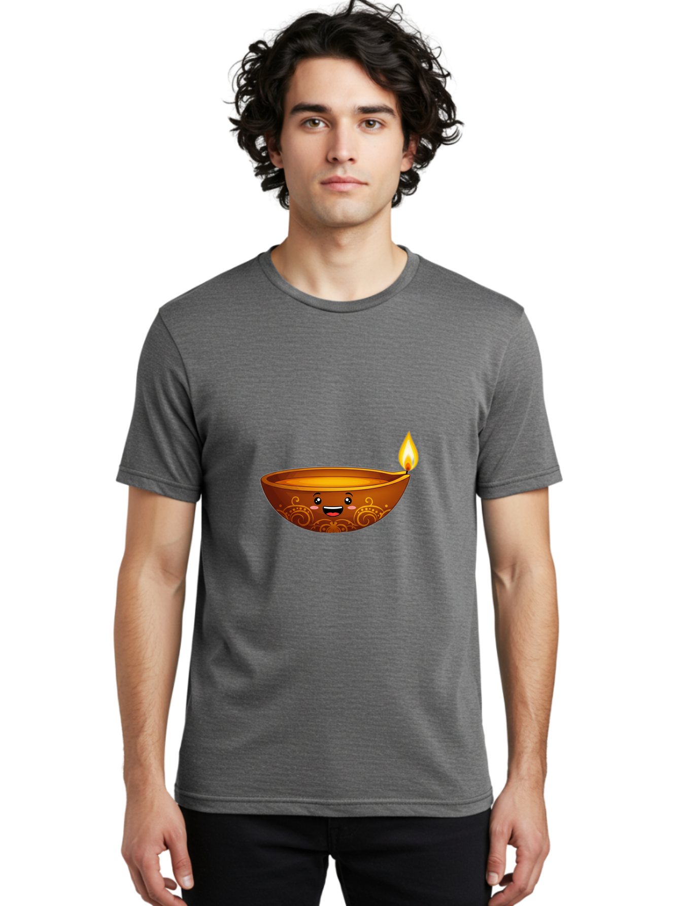 Diya-Lamp Men'S Graphic Tee, 100% Cotton, Comfortable Casual Summer Wear, Machine Washable, Clay Diya Lamp, Lit Diwali Lamp, Indian Culture, Traditional Diya, Diwali Decoration, Festive Season, Happy Face, Smiling Lamp, Orange Glow Bad025
