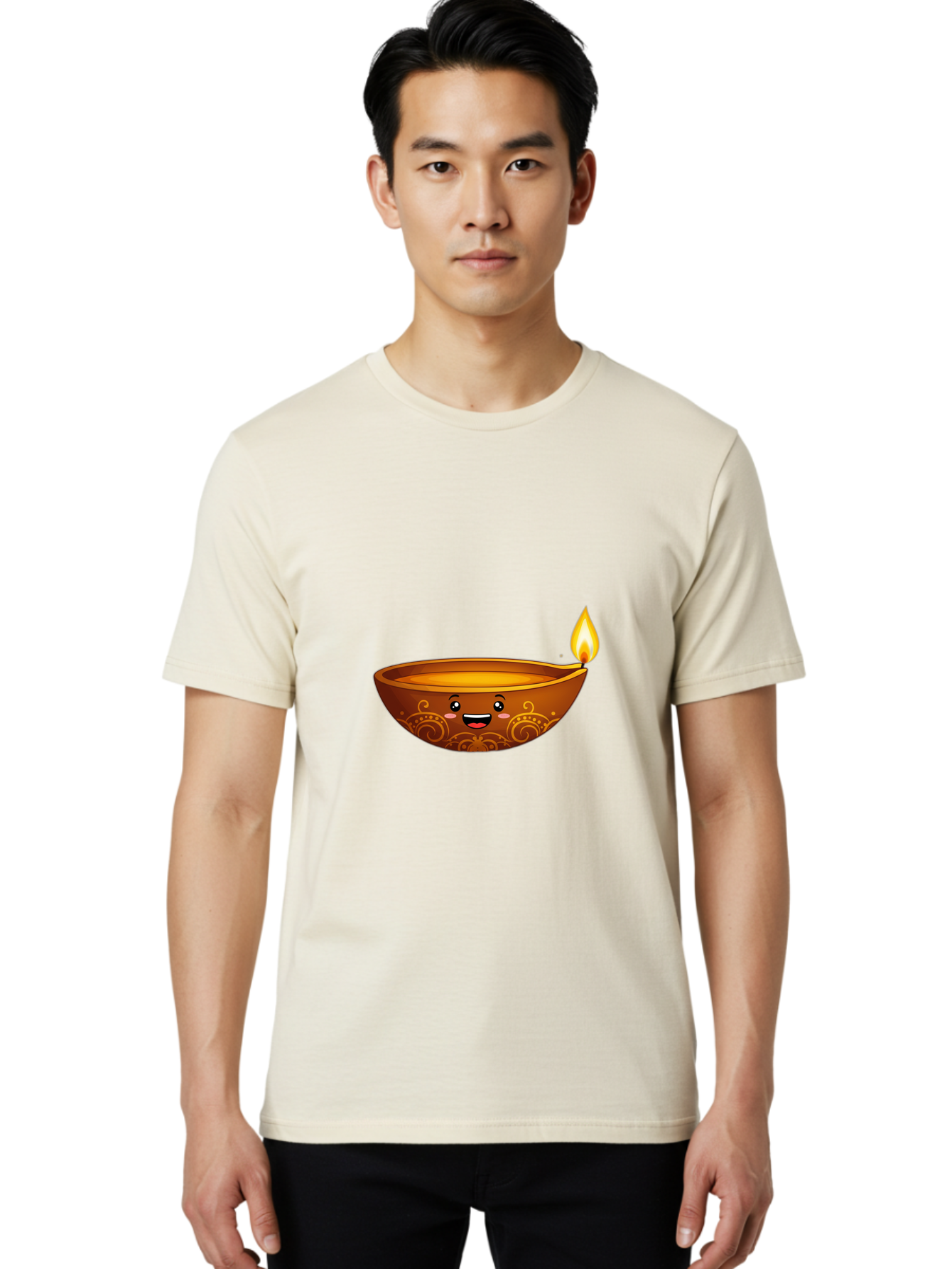 Diya-Lamp Men'S Graphic Tee, 100% Cotton, Comfortable Casual Summer Wear, Machine Washable, Clay Diya Lamp, Lit Diwali Lamp, Indian Culture, Traditional Diya, Diwali Decoration, Festive Season, Happy Face, Smiling Lamp, Orange Glow Bad025