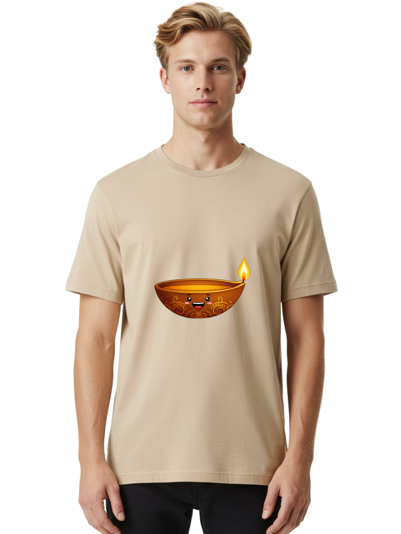 Diya-Lamp Men'S Graphic Tee, 100% Cotton, Comfortable Casual Summer Wear, Machine Washable, Clay Diya Lamp, Lit Diwali Lamp, Indian Culture, Traditional Diya, Diwali Decoration, Festive Season, Happy Face, Smiling Lamp, Orange Glow Bad025