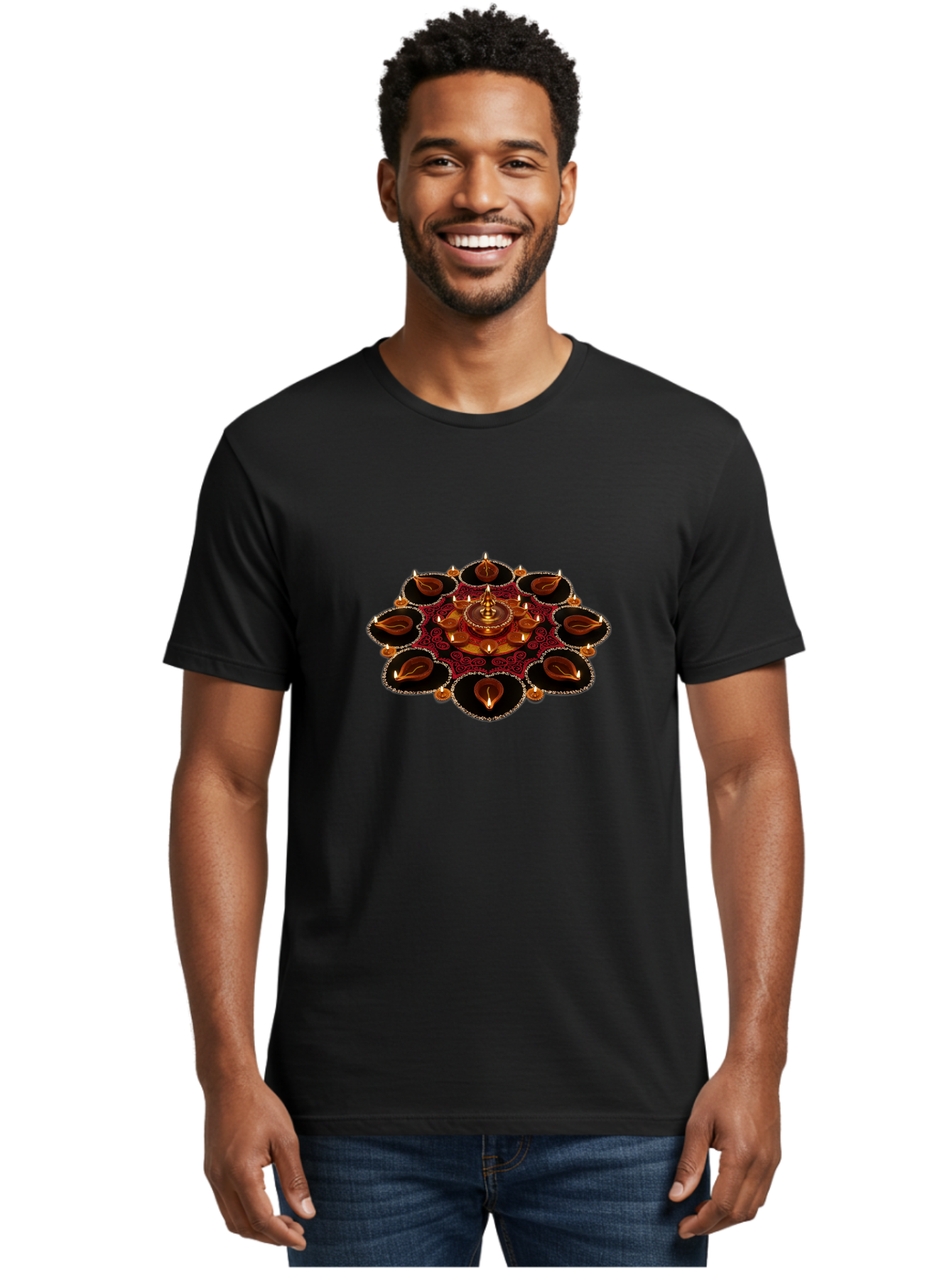 Diya-Lantern-Arrangement Men'S Graphic Tee, 100% Cotton, Comfortable Casual Summer Wear, Machine Washable, Diwali Decorations, Diya Lamps, Festive Lighting, Indian Culture, Traditional Diyas, Rangoli Design, Glowing Diyas, Intricate Patterns, Bad026