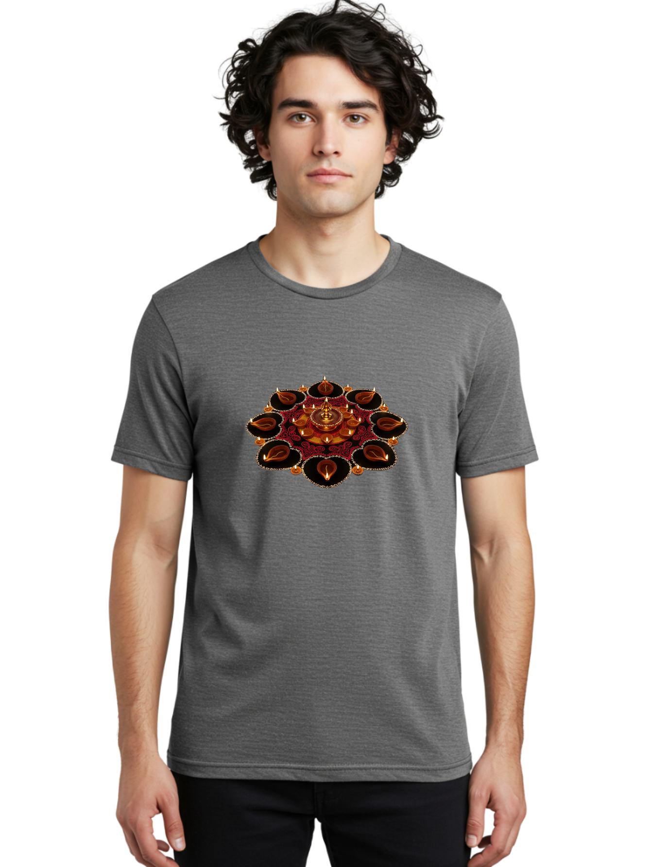 Diya-Lantern-Arrangement Men'S Graphic Tee, 100% Cotton, Comfortable Casual Summer Wear, Machine Washable, Diwali Decorations, Diya Lamps, Festive Lighting, Indian Culture, Traditional Diyas, Rangoli Design, Glowing Diyas, Intricate Patterns, Bad026