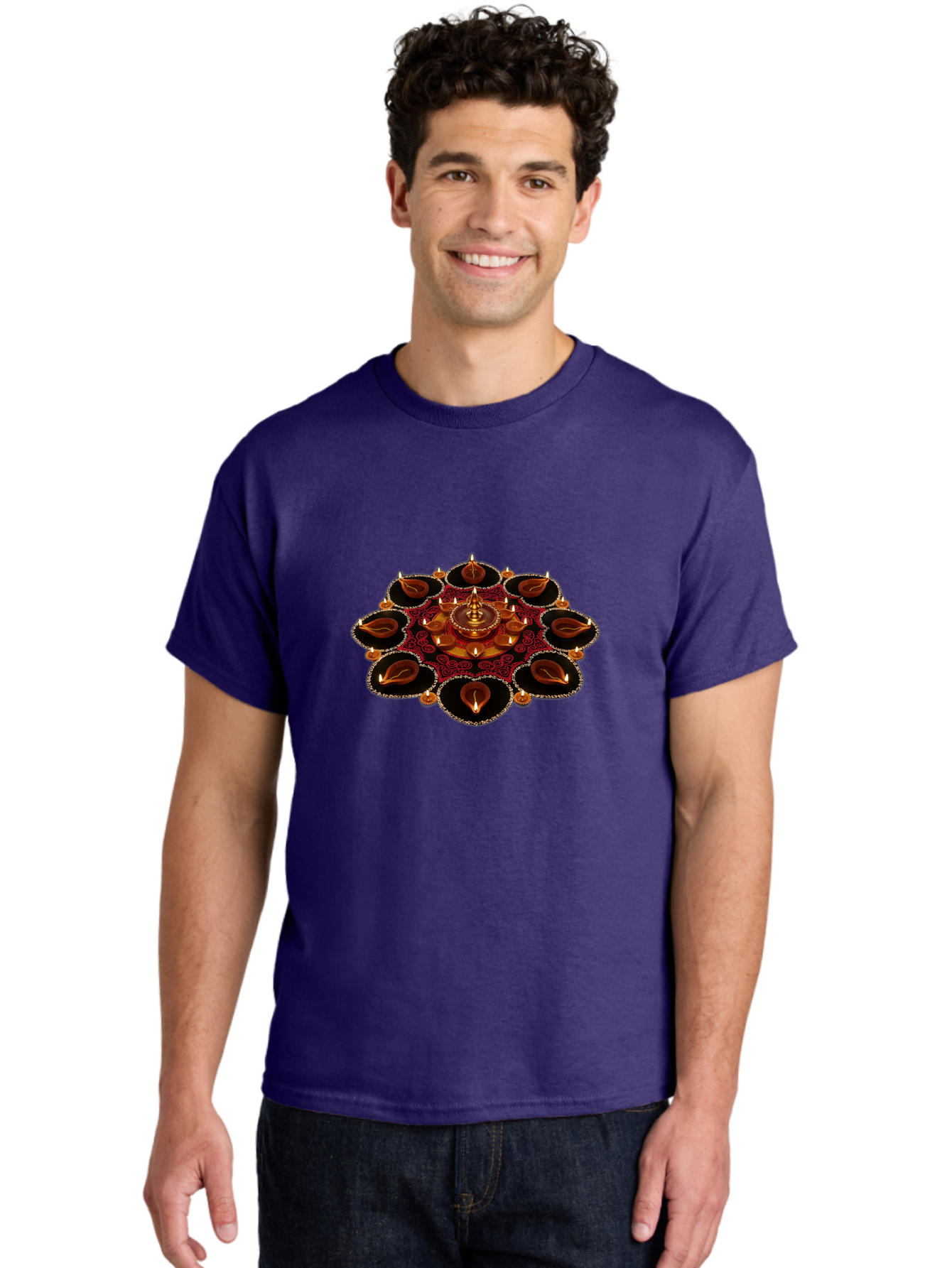 Diya-Lantern-Arrangement Men'S Graphic Tee, 100% Cotton, Comfortable Casual Summer Wear, Machine Washable, Diwali Decorations, Diya Lamps, Festive Lighting, Indian Culture, Traditional Diyas, Rangoli Design, Glowing Diyas, Intricate Patterns, Bad026