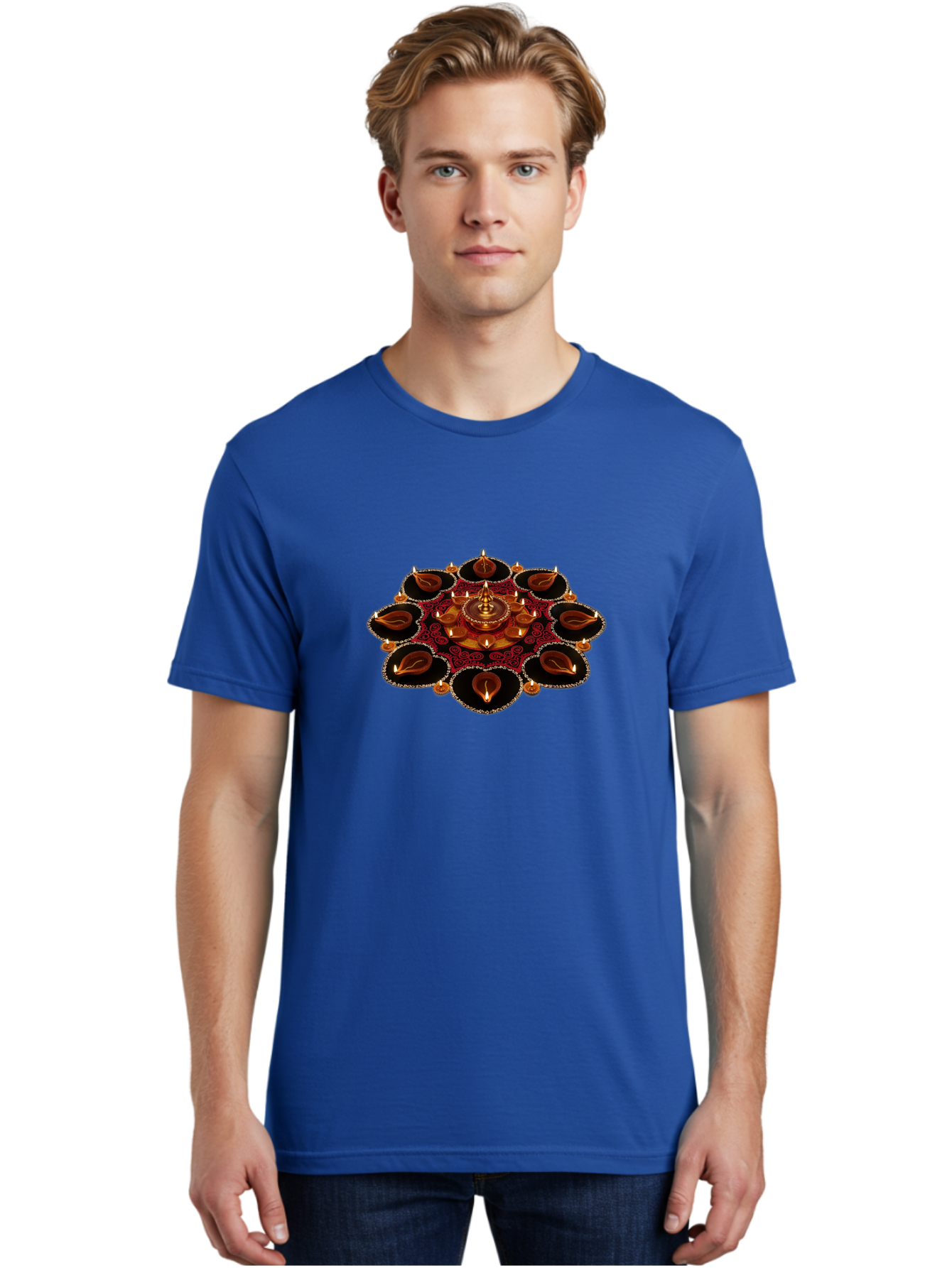 Diya-Lantern-Arrangement Men'S Graphic Tee, 100% Cotton, Comfortable Casual Summer Wear, Machine Washable, Diwali Decorations, Diya Lamps, Festive Lighting, Indian Culture, Traditional Diyas, Rangoli Design, Glowing Diyas, Intricate Patterns, Bad026