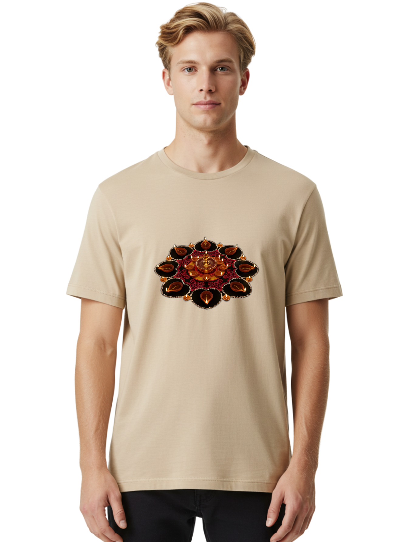 Diya-Lantern-Arrangement Men'S Graphic Tee, 100% Cotton, Comfortable Casual Summer Wear, Machine Washable, Diwali Decorations, Diya Lamps, Festive Lighting, Indian Culture, Traditional Diyas, Rangoli Design, Glowing Diyas, Intricate Patterns, Bad026