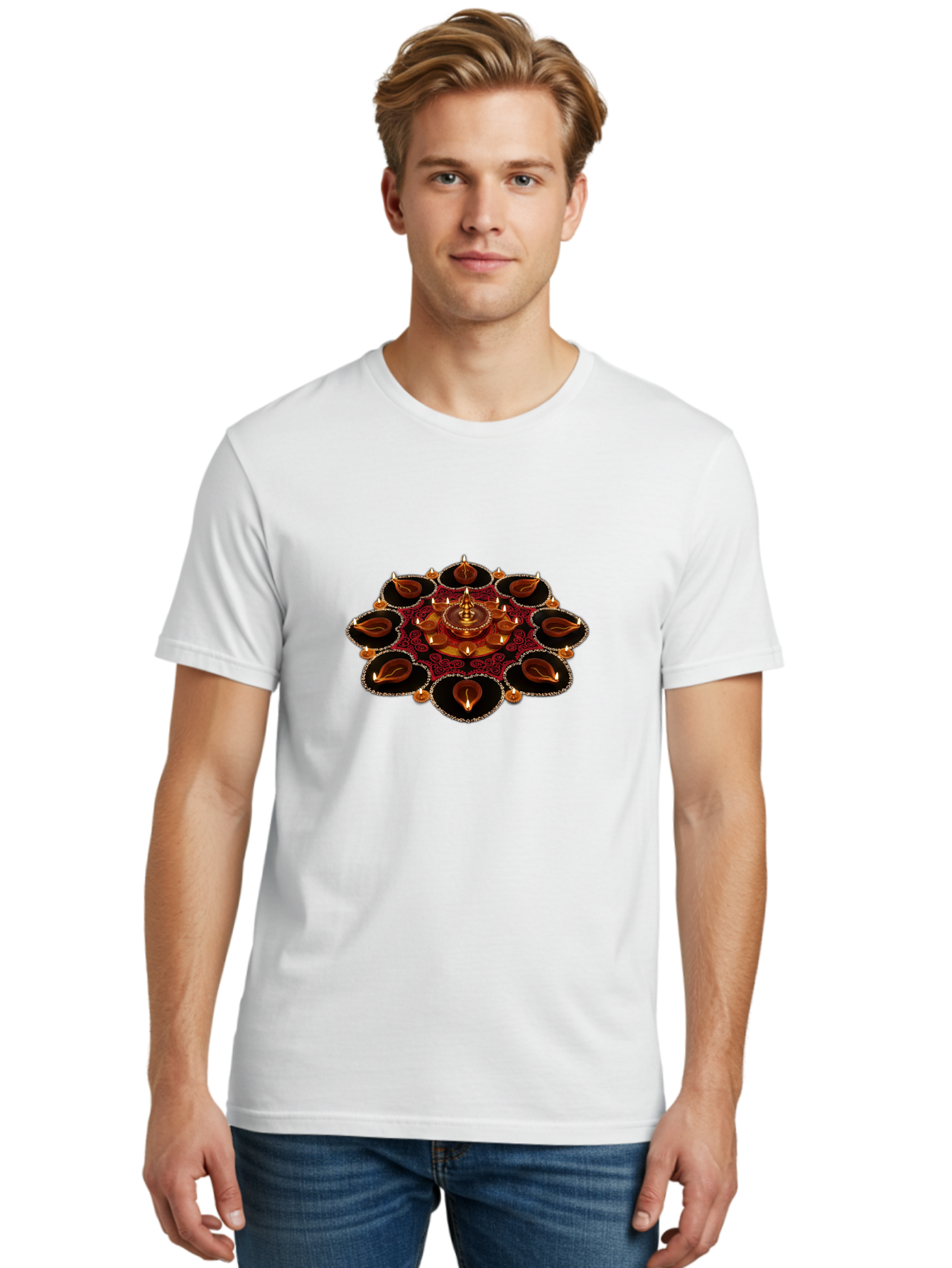 Diya-Lantern-Arrangement Men'S Graphic Tee, 100% Cotton, Comfortable Casual Summer Wear, Machine Washable, Diwali Decorations, Diya Lamps, Festive Lighting, Indian Culture, Traditional Diyas, Rangoli Design, Glowing Diyas, Intricate Patterns, Bad026