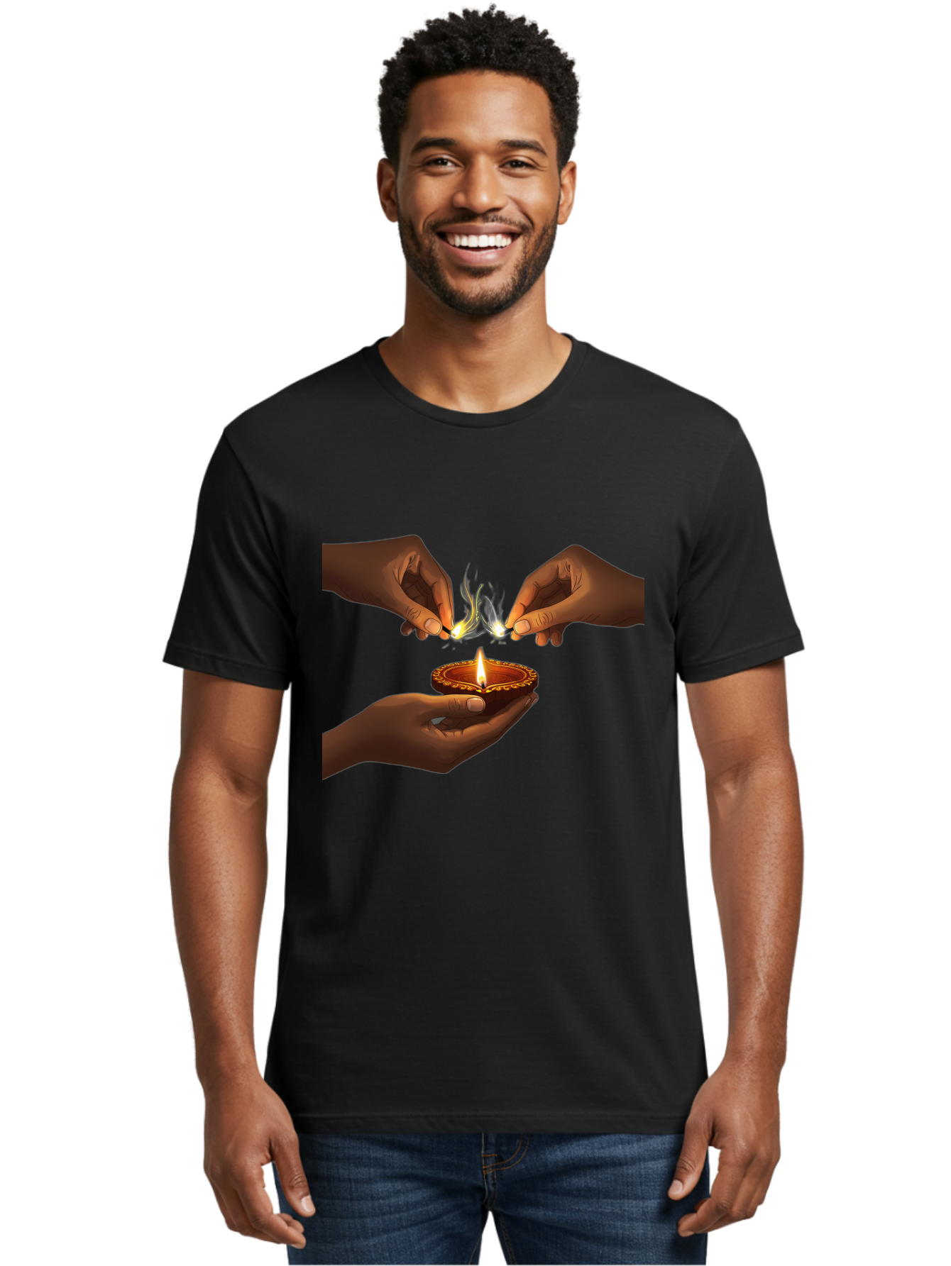 Diya-Lighting Men'S Graphic Tee, 100% Cotton, Comfortable Casual Summer Wear, Machine Washable, Lighting Diya, Traditional Indian Lamp, Unity In Diversity, Cultural Heritage, Festive Atmosphere, Togetherness, Harmony, Diwali Celebration Bad027