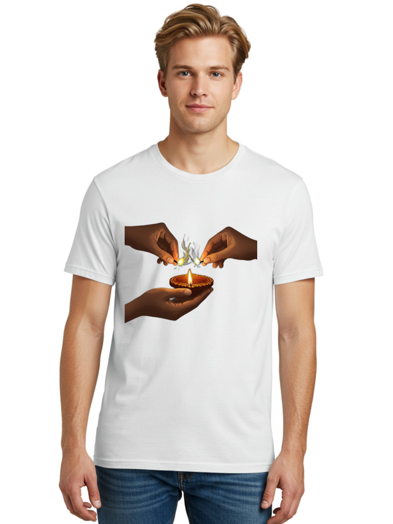 Diya-Lighting Men'S Graphic Tee, 100% Cotton, Comfortable Casual Summer Wear, Machine Washable, Lighting Diya, Traditional Indian Lamp, Unity In Diversity, Cultural Heritage, Festive Atmosphere, Togetherness, Harmony, Diwali Celebration Bad027