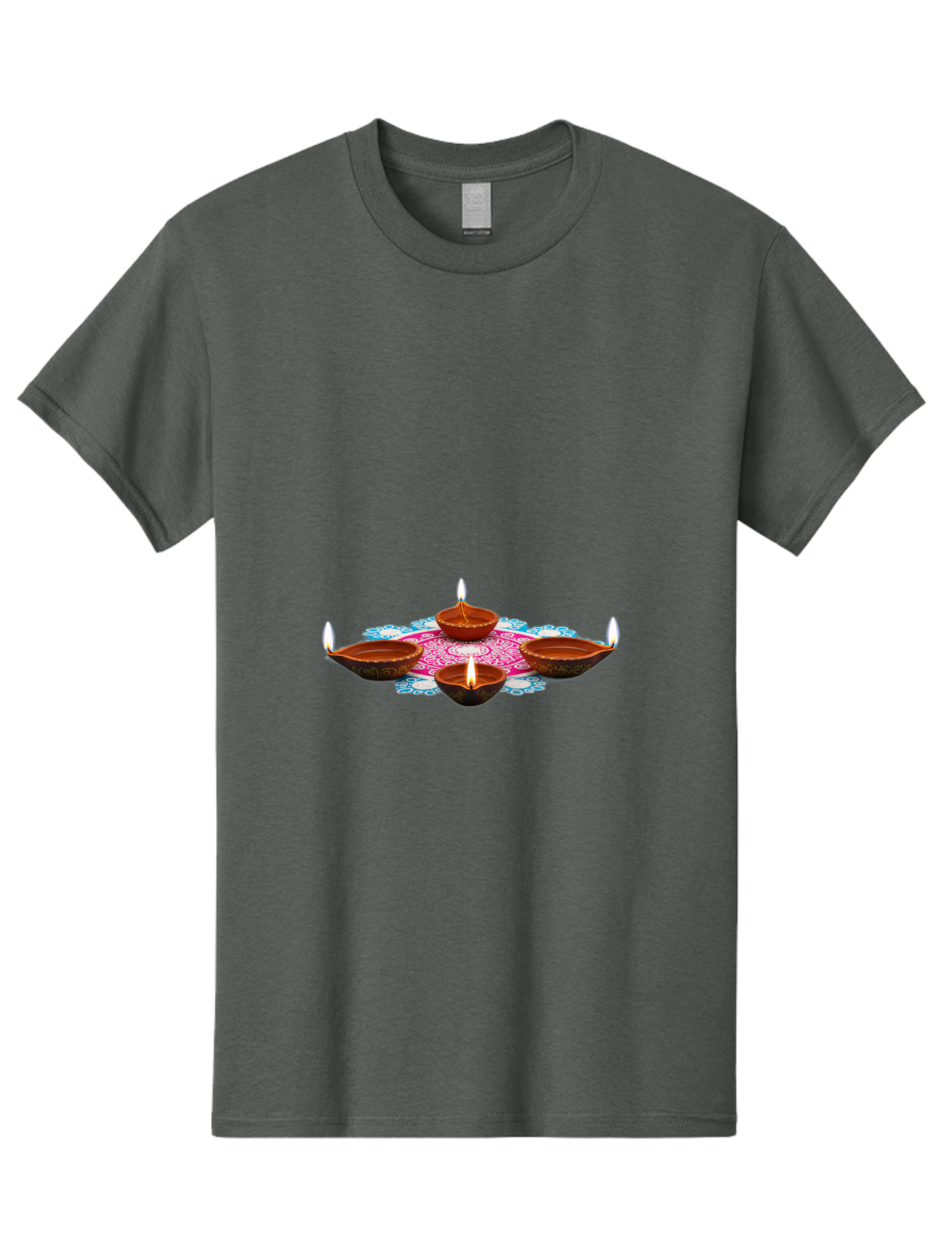 Diya-Set Men'S Graphic Tee, 100% Cotton, Comfortable Casual Summer Wear, Machine Washable, Traditional Indian Diyas, Lit Candles, Intricate Mandala Design, Cultural Heritage, Vibrant Colors, Festive Atmosphere, Spiritual Ambiance, Bad028
