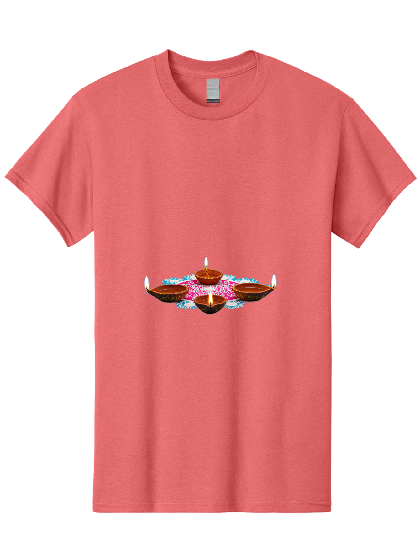 Diya-Set Men'S Graphic Tee, 100% Cotton, Comfortable Casual Summer Wear, Machine Washable, Traditional Indian Diyas, Lit Candles, Intricate Mandala Design, Cultural Heritage, Vibrant Colors, Festive Atmosphere, Spiritual Ambiance, Bad028