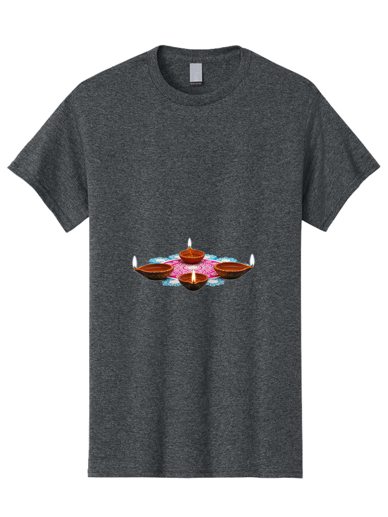 Diya-Set Men'S Graphic Tee, 100% Cotton, Comfortable Casual Summer Wear, Machine Washable, Traditional Indian Diyas, Lit Candles, Intricate Mandala Design, Cultural Heritage, Vibrant Colors, Festive Atmosphere, Spiritual Ambiance, Bad028