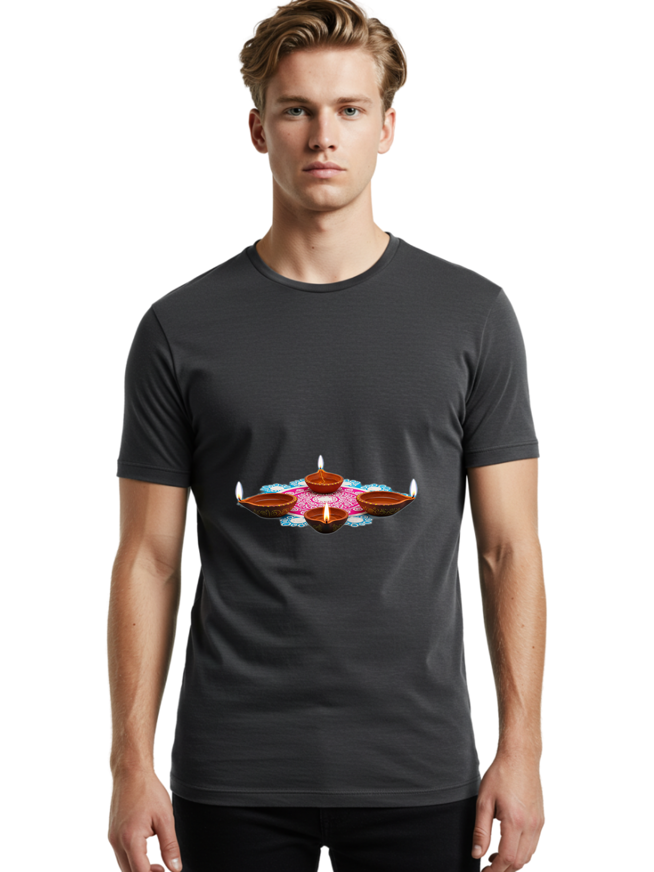 Diya-Set Men'S Graphic Tee, 100% Cotton, Comfortable Casual Summer Wear, Machine Washable, Traditional Indian Diyas, Lit Candles, Intricate Mandala Design, Cultural Heritage, Vibrant Colors, Festive Atmosphere, Spiritual Ambiance, Bad028