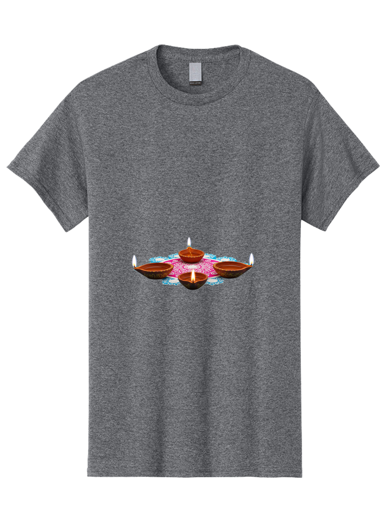 Diya-Set Men'S Graphic Tee, 100% Cotton, Comfortable Casual Summer Wear, Machine Washable, Traditional Indian Diyas, Lit Candles, Intricate Mandala Design, Cultural Heritage, Vibrant Colors, Festive Atmosphere, Spiritual Ambiance, Bad028