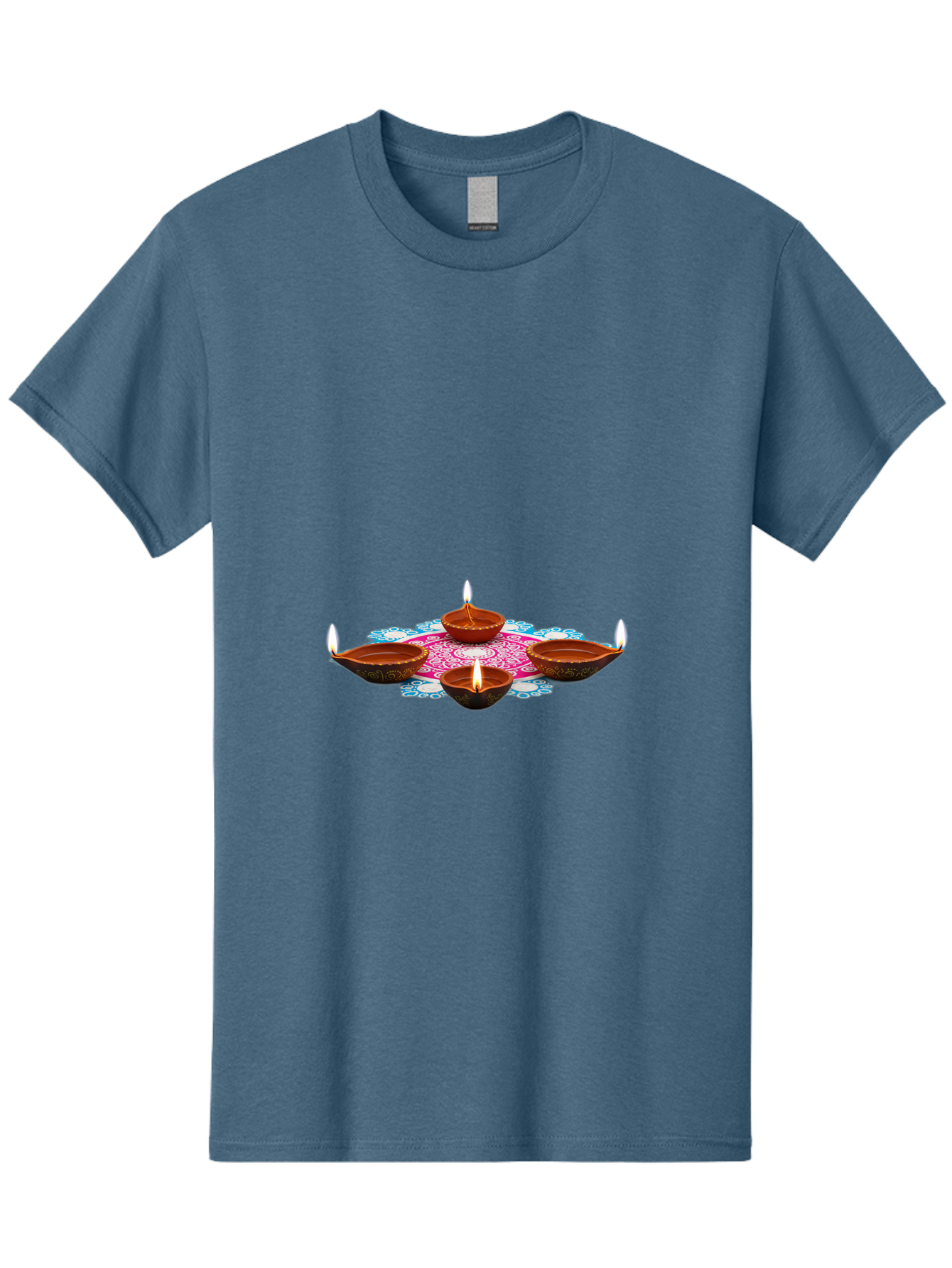 Diya-Set Men'S Graphic Tee, 100% Cotton, Comfortable Casual Summer Wear, Machine Washable, Traditional Indian Diyas, Lit Candles, Intricate Mandala Design, Cultural Heritage, Vibrant Colors, Festive Atmosphere, Spiritual Ambiance, Bad028