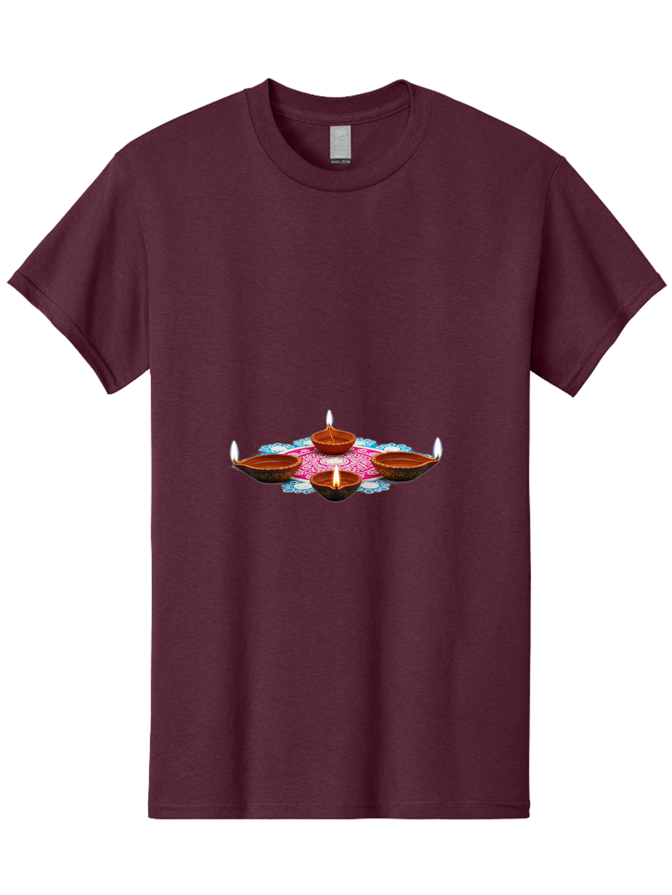 Diya-Set Men'S Graphic Tee, 100% Cotton, Comfortable Casual Summer Wear, Machine Washable, Traditional Indian Diyas, Lit Candles, Intricate Mandala Design, Cultural Heritage, Vibrant Colors, Festive Atmosphere, Spiritual Ambiance, Bad028