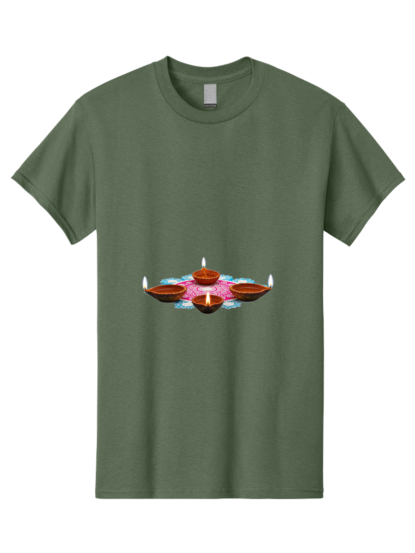 Diya-Set Men'S Graphic Tee, 100% Cotton, Comfortable Casual Summer Wear, Machine Washable, Traditional Indian Diyas, Lit Candles, Intricate Mandala Design, Cultural Heritage, Vibrant Colors, Festive Atmosphere, Spiritual Ambiance, Bad028