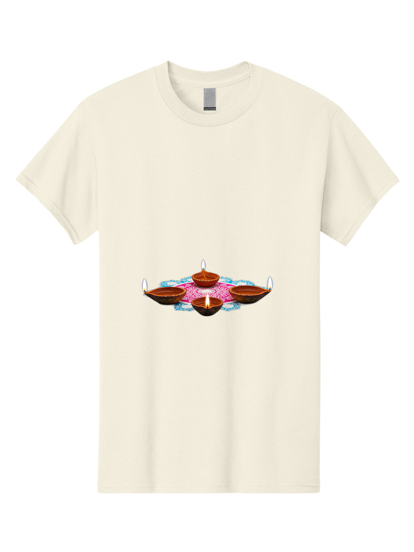 Diya-Set Men'S Graphic Tee, 100% Cotton, Comfortable Casual Summer Wear, Machine Washable, Traditional Indian Diyas, Lit Candles, Intricate Mandala Design, Cultural Heritage, Vibrant Colors, Festive Atmosphere, Spiritual Ambiance, Bad028