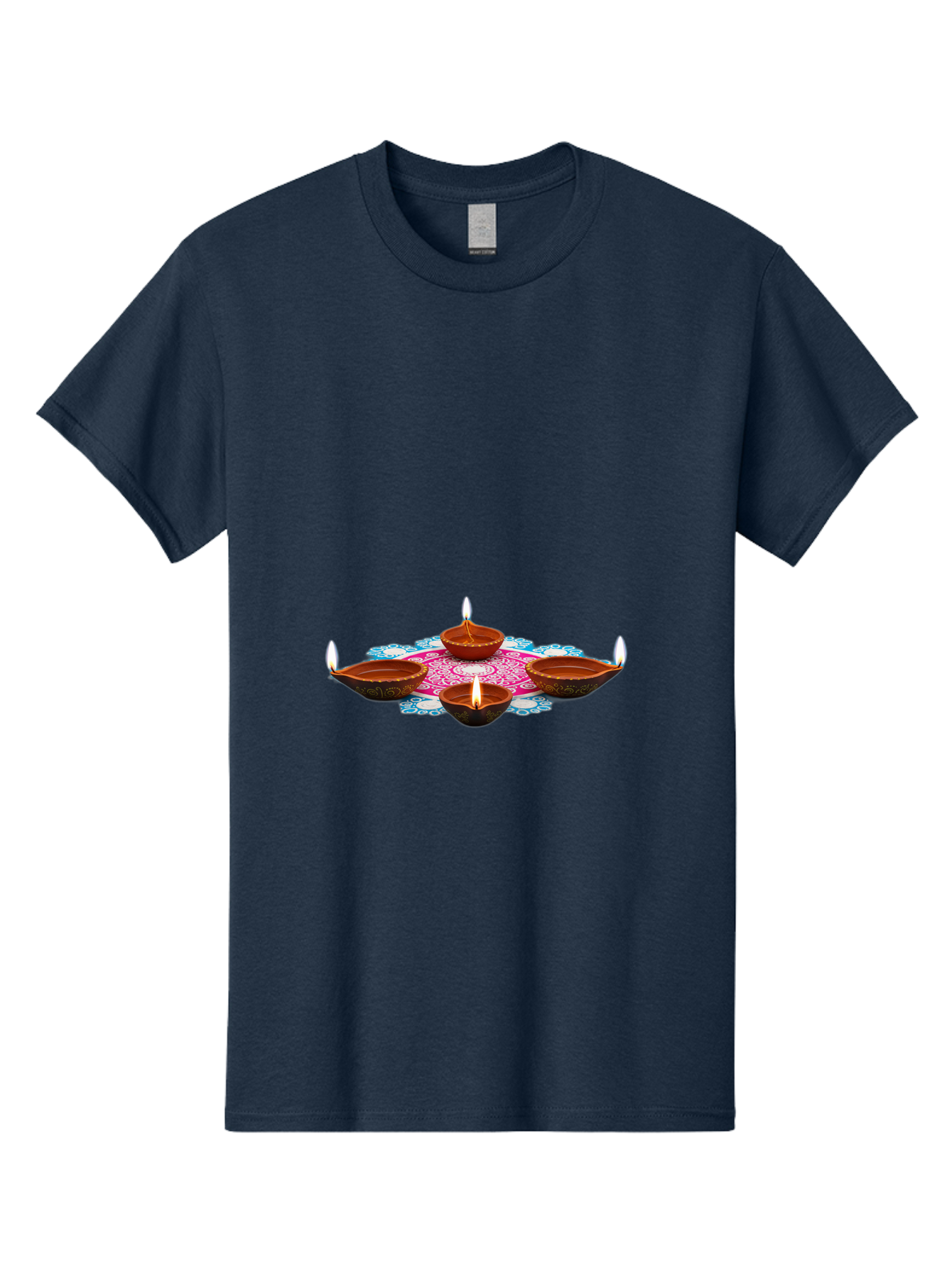 Diya-Set Men'S Graphic Tee, 100% Cotton, Comfortable Casual Summer Wear, Machine Washable, Traditional Indian Diyas, Lit Candles, Intricate Mandala Design, Cultural Heritage, Vibrant Colors, Festive Atmosphere, Spiritual Ambiance, Bad028