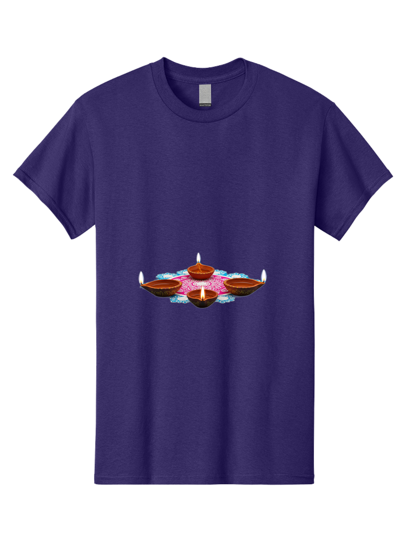 Diya-Set Men'S Graphic Tee, 100% Cotton, Comfortable Casual Summer Wear, Machine Washable, Traditional Indian Diyas, Lit Candles, Intricate Mandala Design, Cultural Heritage, Vibrant Colors, Festive Atmosphere, Spiritual Ambiance, Bad028