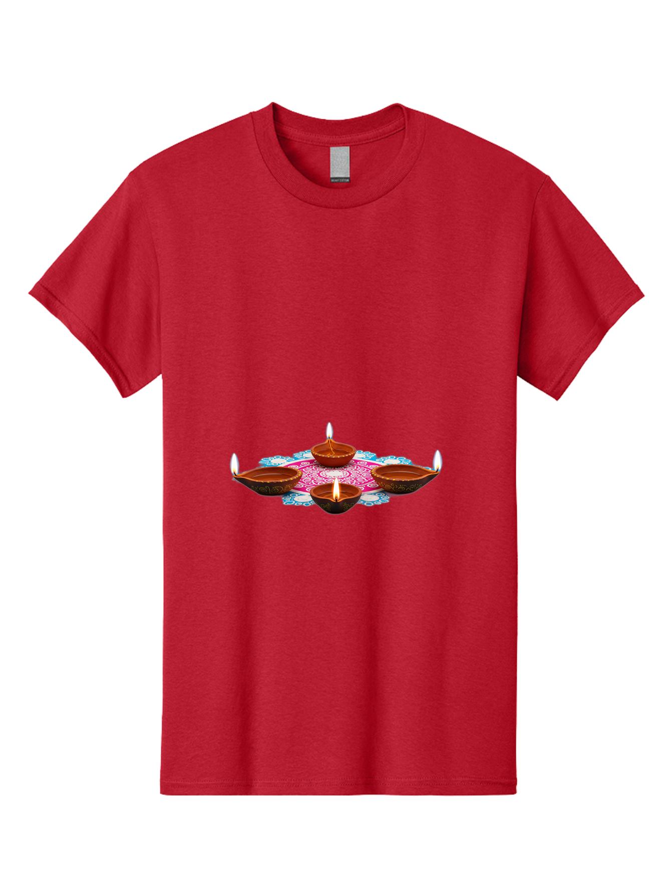 Diya-Set Men'S Graphic Tee, 100% Cotton, Comfortable Casual Summer Wear, Machine Washable, Traditional Indian Diyas, Lit Candles, Intricate Mandala Design, Cultural Heritage, Vibrant Colors, Festive Atmosphere, Spiritual Ambiance, Bad028