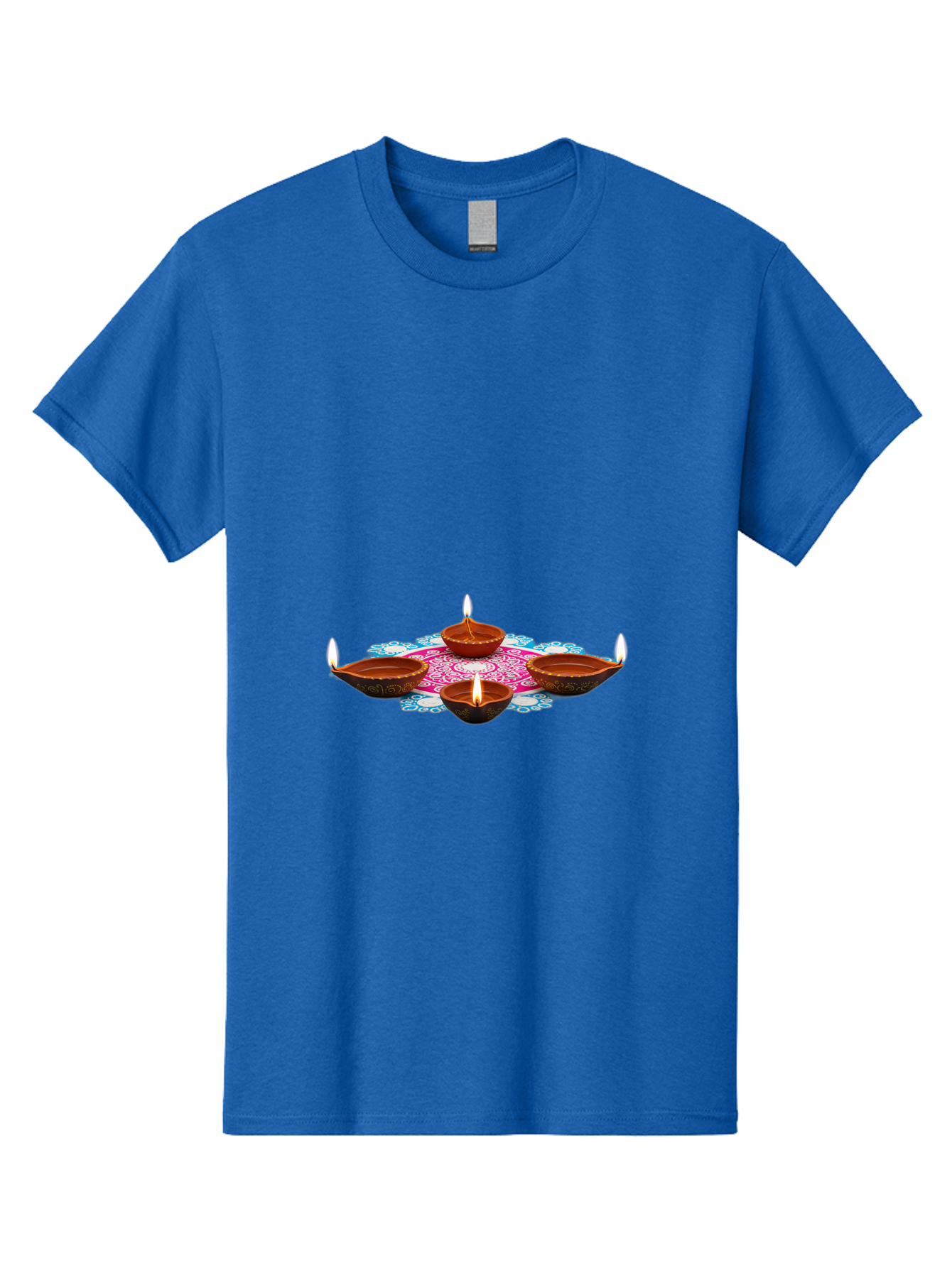 Diya-Set Men'S Graphic Tee, 100% Cotton, Comfortable Casual Summer Wear, Machine Washable, Traditional Indian Diyas, Lit Candles, Intricate Mandala Design, Cultural Heritage, Vibrant Colors, Festive Atmosphere, Spiritual Ambiance, Bad028