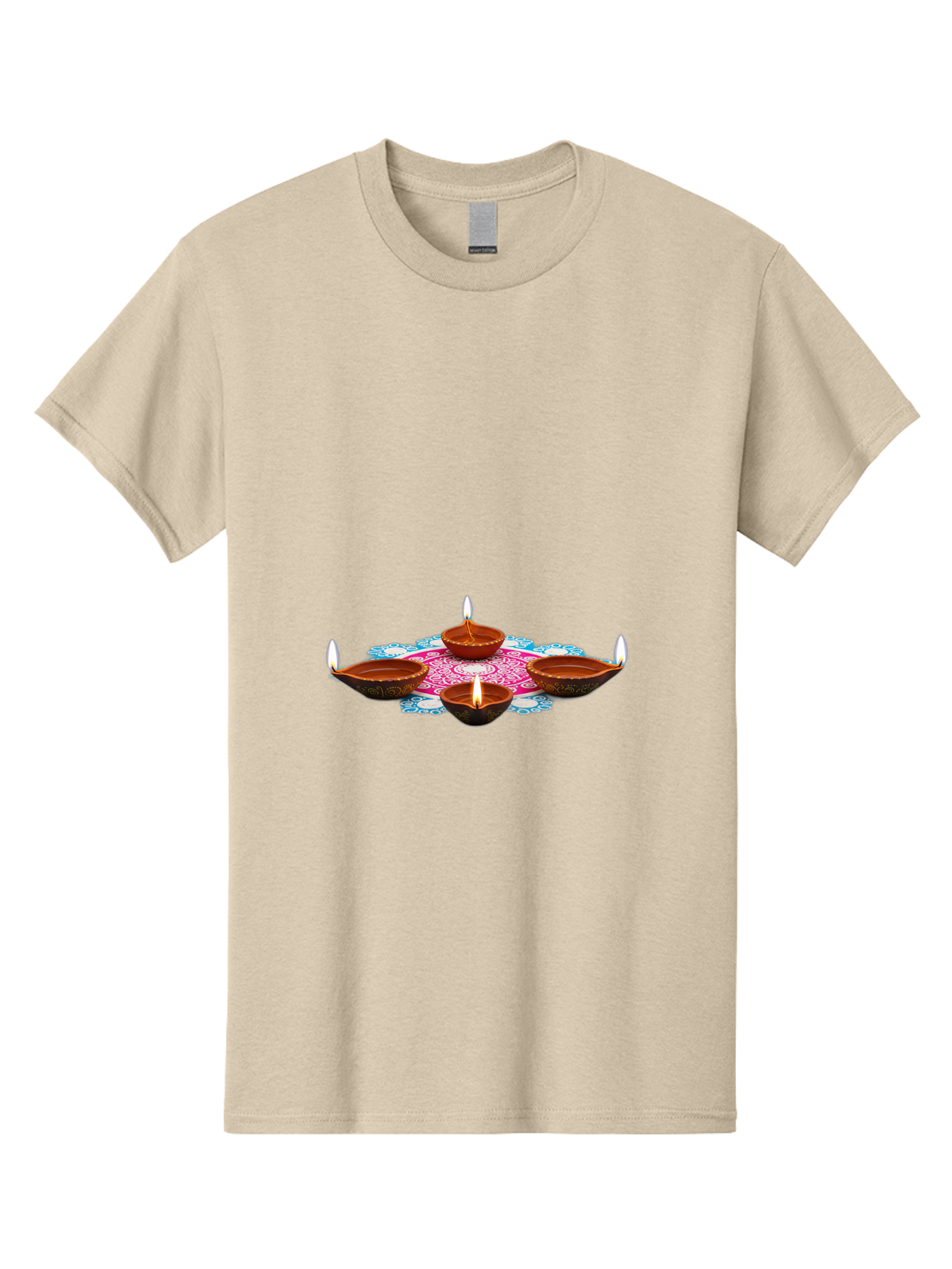 Diya-Set Men'S Graphic Tee, 100% Cotton, Comfortable Casual Summer Wear, Machine Washable, Traditional Indian Diyas, Lit Candles, Intricate Mandala Design, Cultural Heritage, Vibrant Colors, Festive Atmosphere, Spiritual Ambiance, Bad028