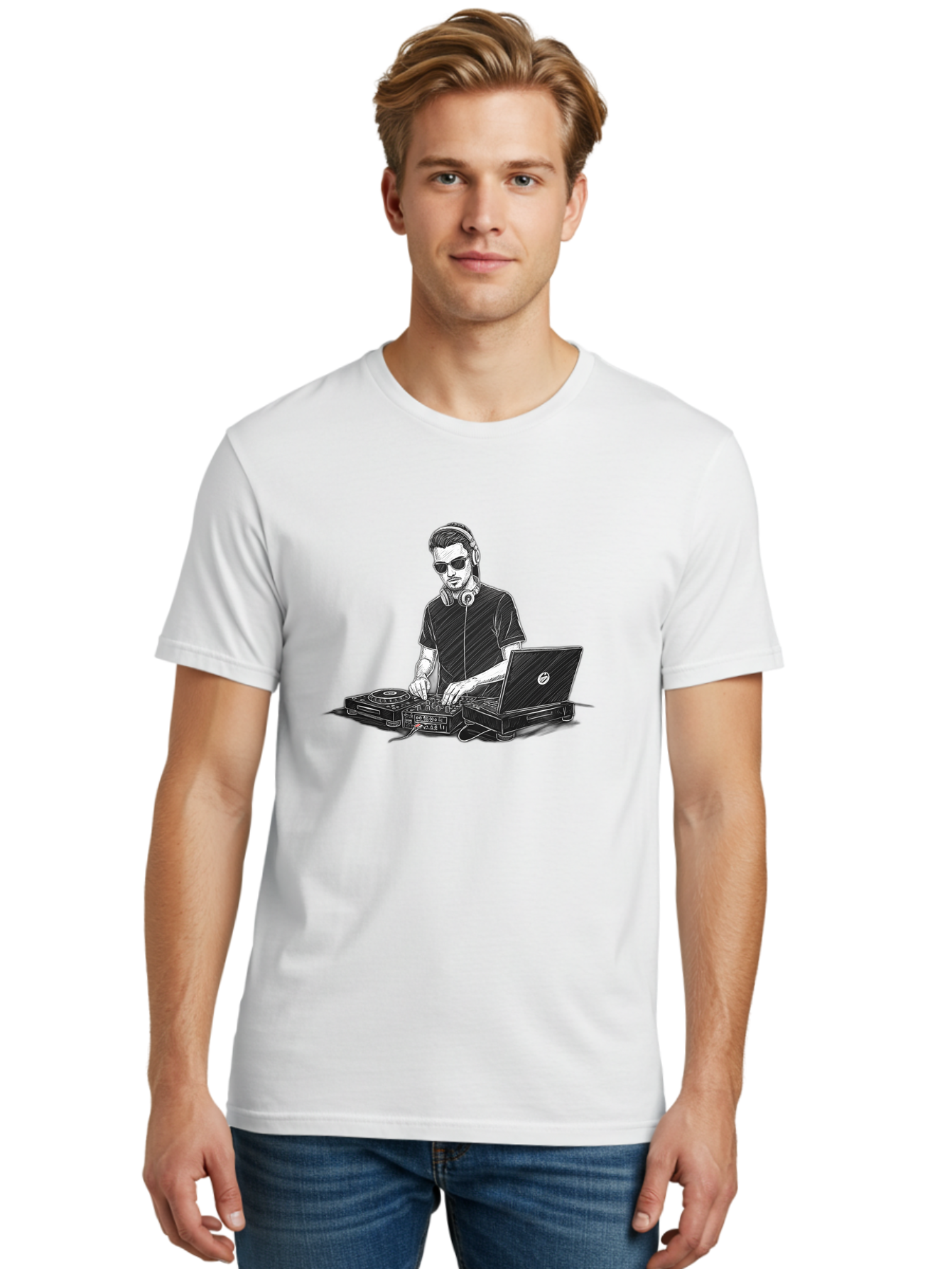 Dj-3 Men'S Graphic Tee, 100% Cotton, Comfortable Casual Summer Wear, Machine Washable, Dj Equipment, Laptop, Dj Controller, Mix Tracks, Music Production, Electronic Dance Music, Headphone, Dell Laptop Bad032