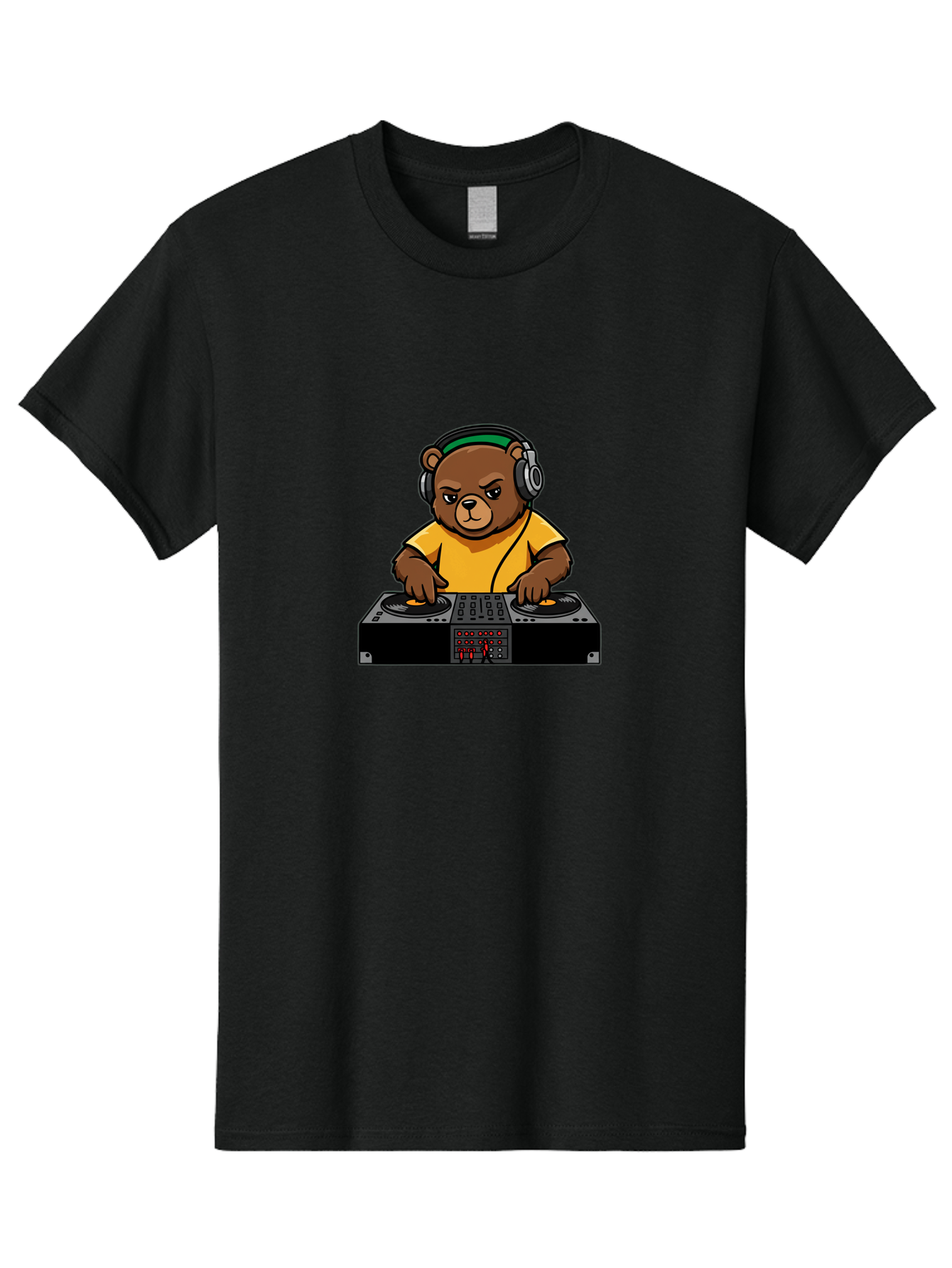 Dj-Bear Men'S Graphic Tee, 100% Cotton, Comfortable Casual Summer Wear, Machine Washable, Dj Bear Mixing Tracks, Cartoon Character, Yellow Shirt, Headphones On, Dj Controller, Music Production, Electronic Dance Music, Edm, Djing Bad034