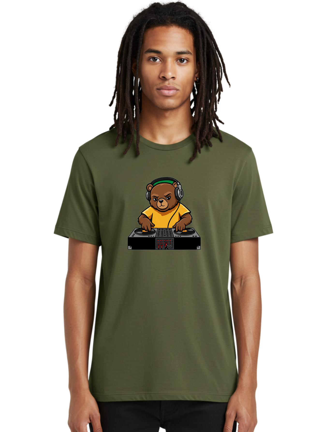 Dj-Bear Men'S Graphic Tee, 100% Cotton, Comfortable Casual Summer Wear, Machine Washable, Dj Bear Mixing Tracks, Cartoon Character, Yellow Shirt, Headphones On, Dj Controller, Music Production, Electronic Dance Music, Edm, Djing Bad034