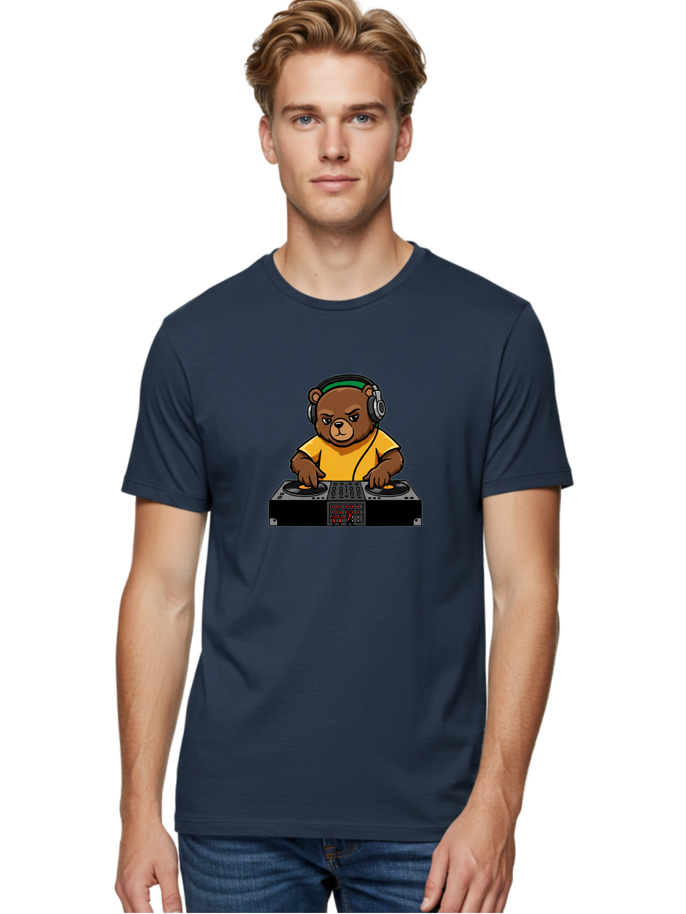 Dj-Bear Men'S Graphic Tee, 100% Cotton, Comfortable Casual Summer Wear, Machine Washable, Dj Bear Mixing Tracks, Cartoon Character, Yellow Shirt, Headphones On, Dj Controller, Music Production, Electronic Dance Music, Edm, Djing Bad034