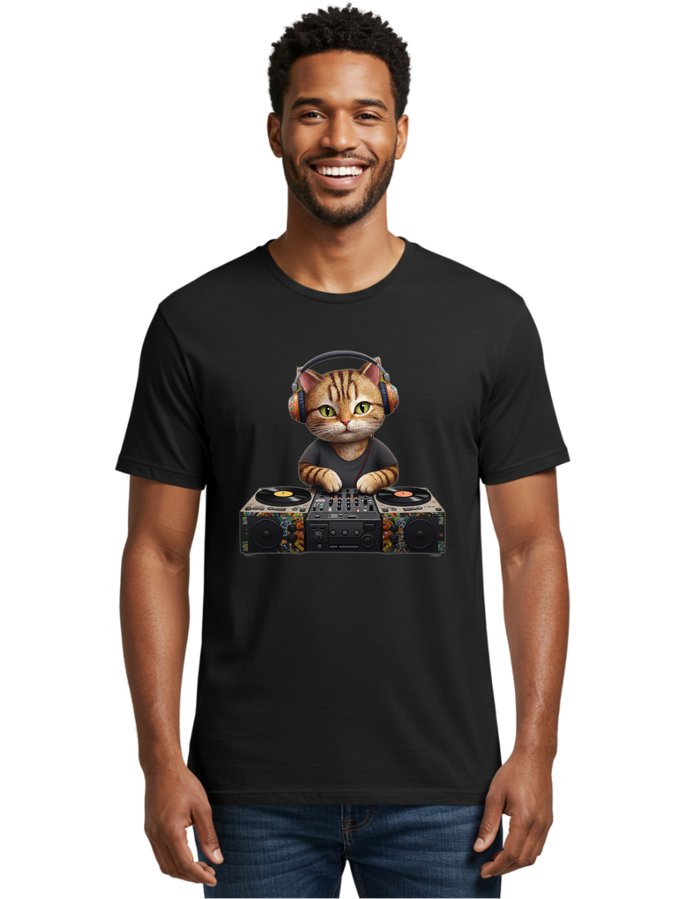 Dj-Cat-1 Men'S Graphic Tee, 100% Cotton, Comfortable Casual Summer Wear, Machine Washable, Cat Wearing Headphones, Dj Equipment, Turntables, Mixer, Music Production, Electronic Dance Music, Feline Dj, Vinyl Records, Music Mixing, Bad035