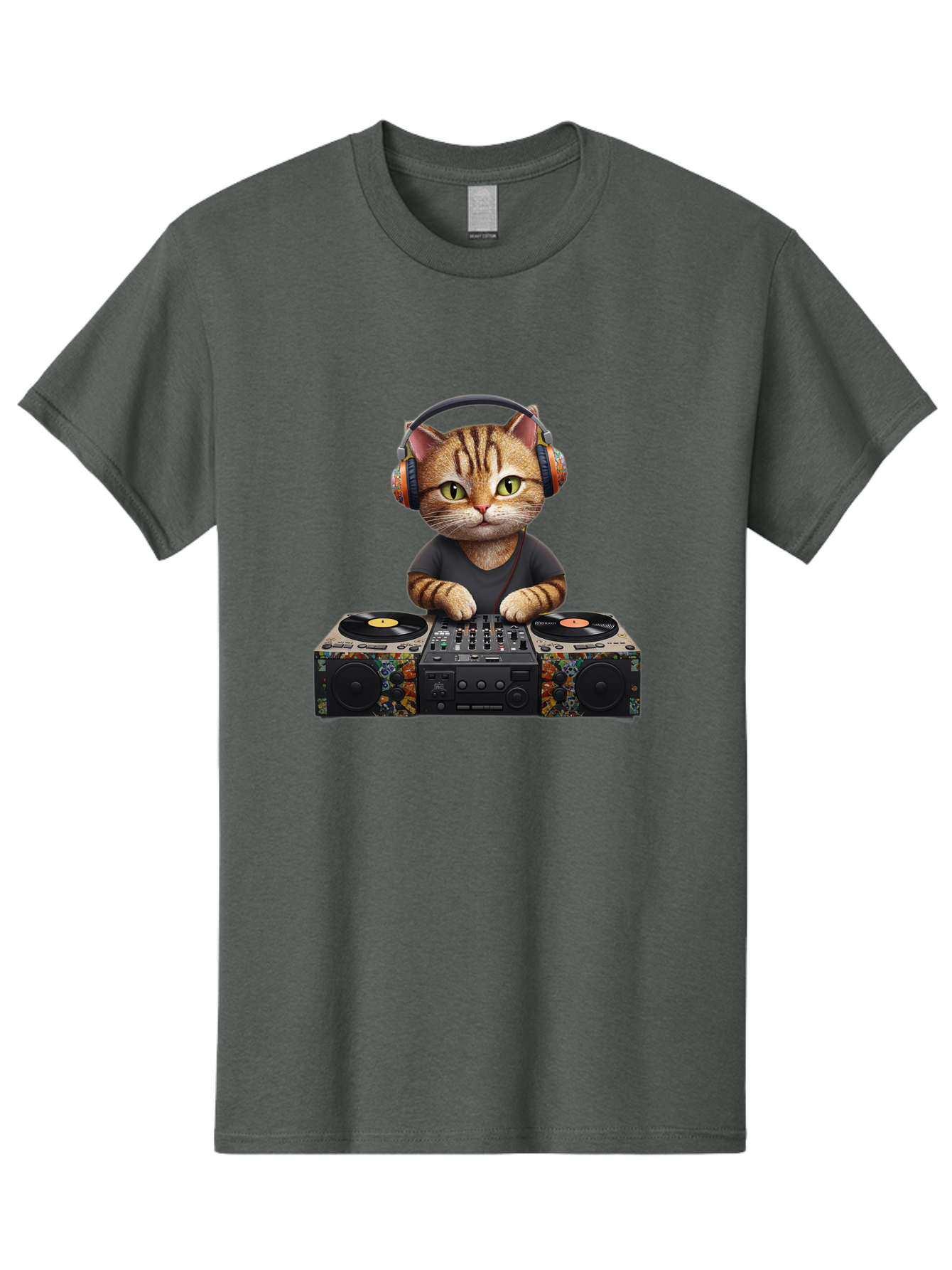 Dj-Cat-1 Men'S Graphic Tee, 100% Cotton, Comfortable Casual Summer Wear, Machine Washable, Cat Wearing Headphones, Dj Equipment, Turntables, Mixer, Music Production, Electronic Dance Music, Feline Dj, Vinyl Records, Music Mixing, Bad035