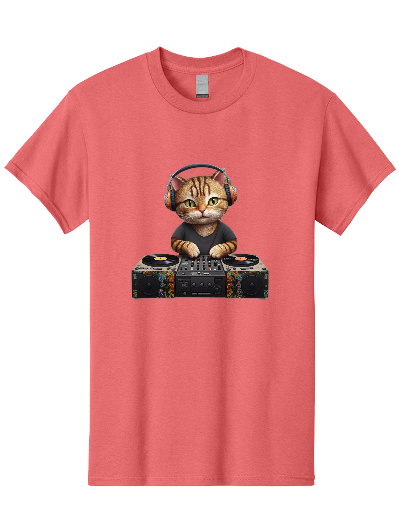 Dj-Cat-1 Men'S Graphic Tee, 100% Cotton, Comfortable Casual Summer Wear, Machine Washable, Cat Wearing Headphones, Dj Equipment, Turntables, Mixer, Music Production, Electronic Dance Music, Feline Dj, Vinyl Records, Music Mixing, Bad035