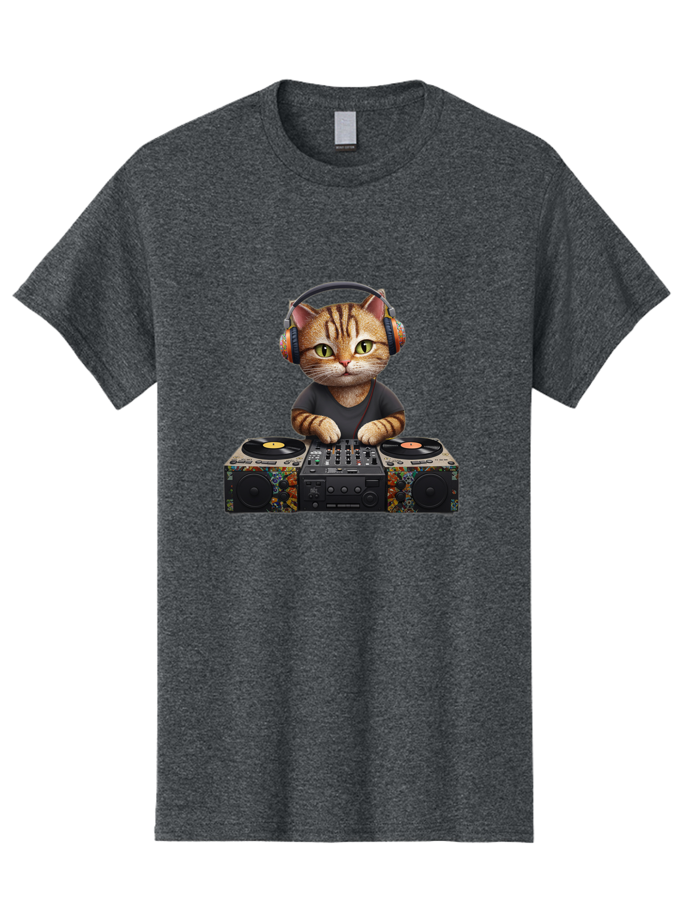 Dj-Cat-1 Men'S Graphic Tee, 100% Cotton, Comfortable Casual Summer Wear, Machine Washable, Cat Wearing Headphones, Dj Equipment, Turntables, Mixer, Music Production, Electronic Dance Music, Feline Dj, Vinyl Records, Music Mixing, Bad035