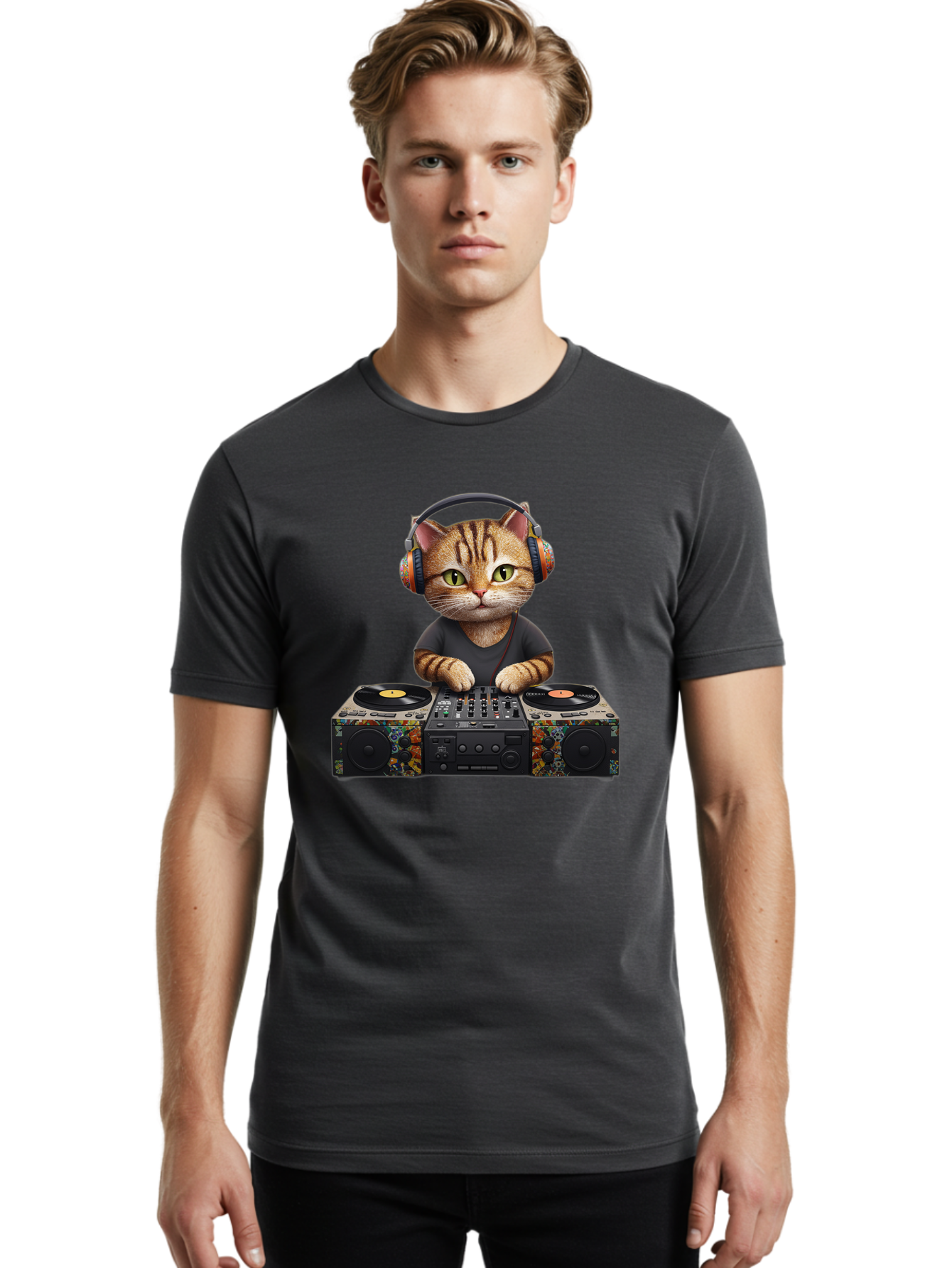 Dj-Cat-1 Men'S Graphic Tee, 100% Cotton, Comfortable Casual Summer Wear, Machine Washable, Cat Wearing Headphones, Dj Equipment, Turntables, Mixer, Music Production, Electronic Dance Music, Feline Dj, Vinyl Records, Music Mixing, Bad035