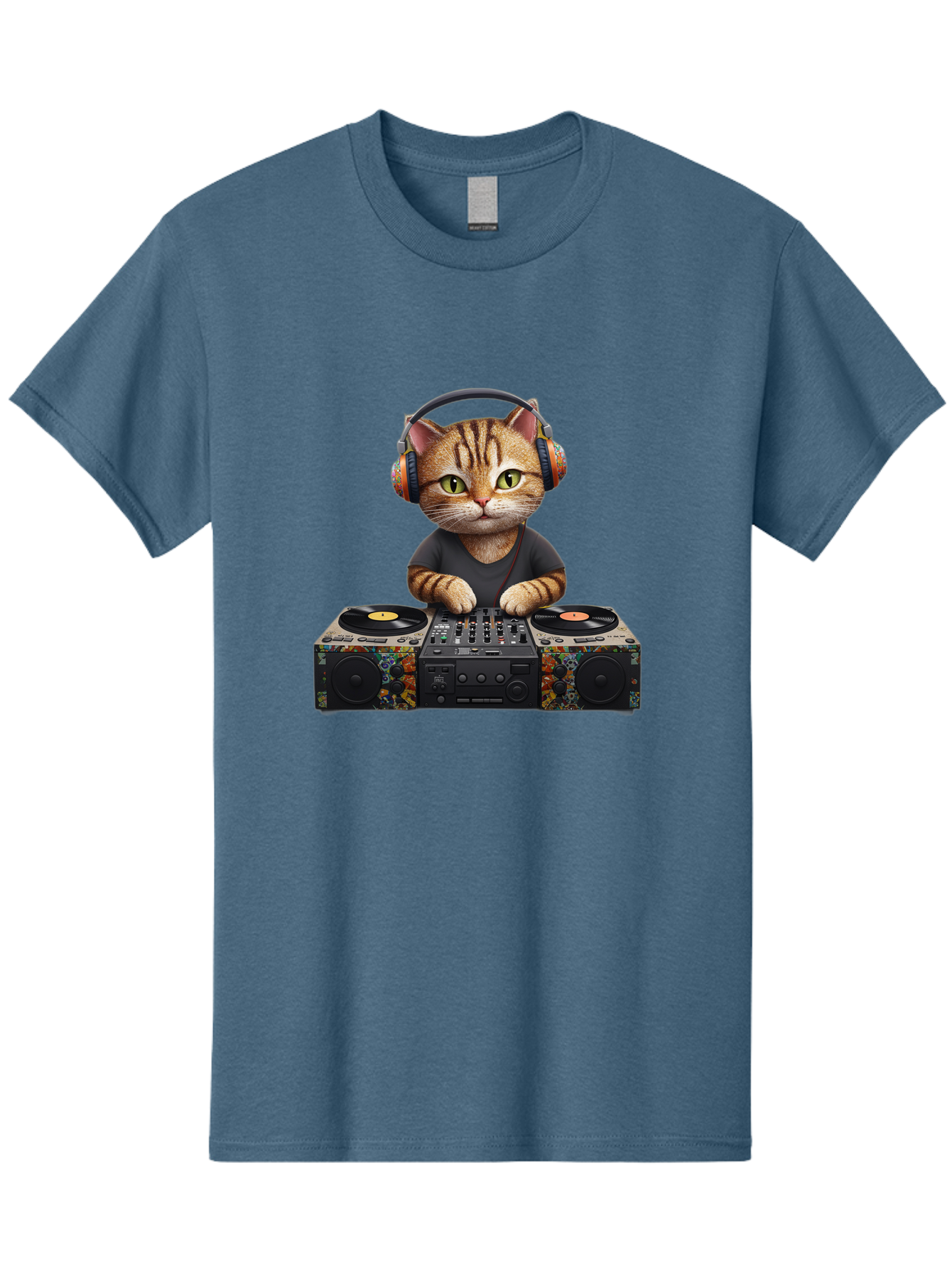 Dj-Cat-1 Men'S Graphic Tee, 100% Cotton, Comfortable Casual Summer Wear, Machine Washable, Cat Wearing Headphones, Dj Equipment, Turntables, Mixer, Music Production, Electronic Dance Music, Feline Dj, Vinyl Records, Music Mixing, Bad035