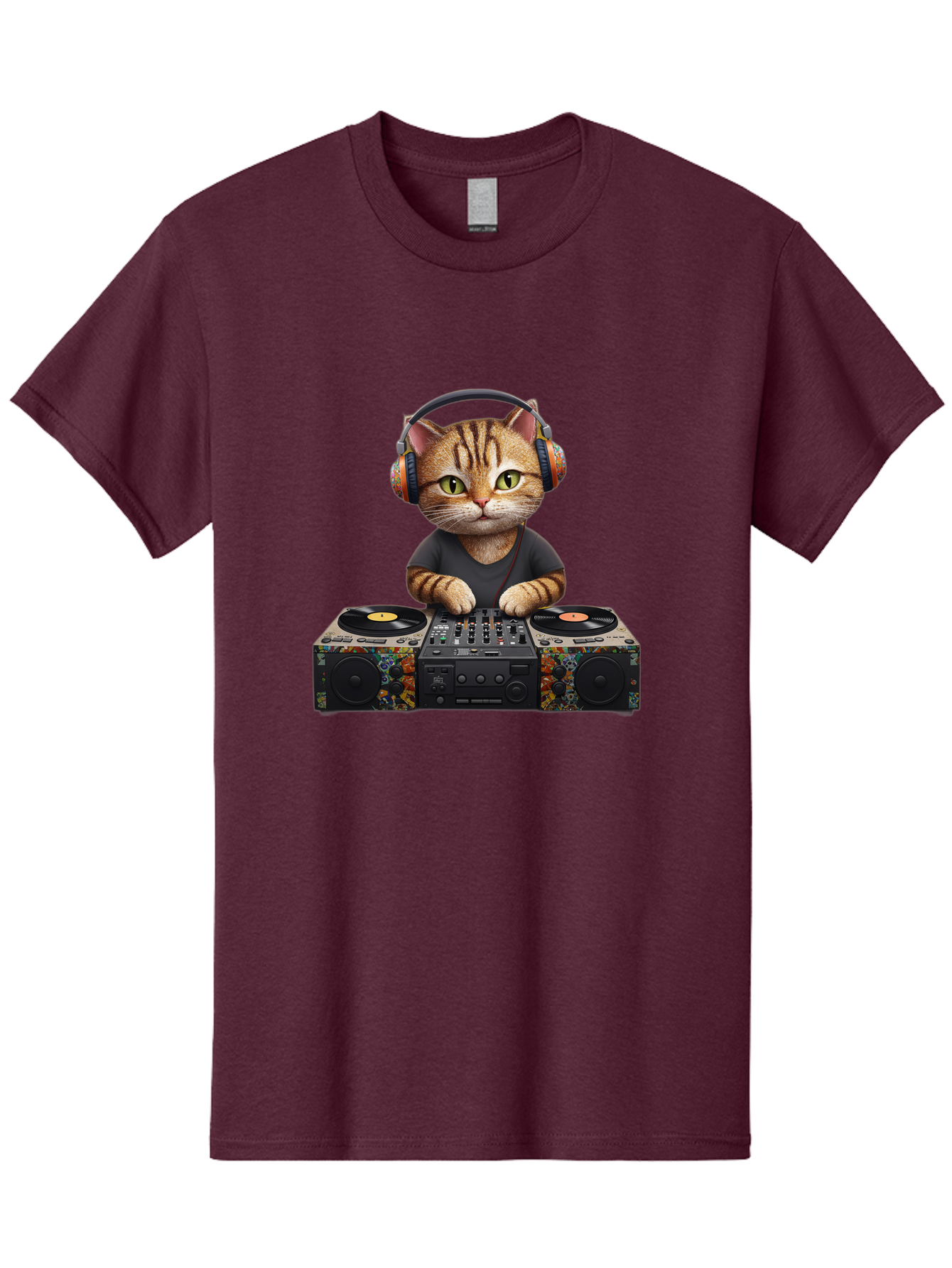 Dj-Cat-1 Men'S Graphic Tee, 100% Cotton, Comfortable Casual Summer Wear, Machine Washable, Cat Wearing Headphones, Dj Equipment, Turntables, Mixer, Music Production, Electronic Dance Music, Feline Dj, Vinyl Records, Music Mixing, Bad035