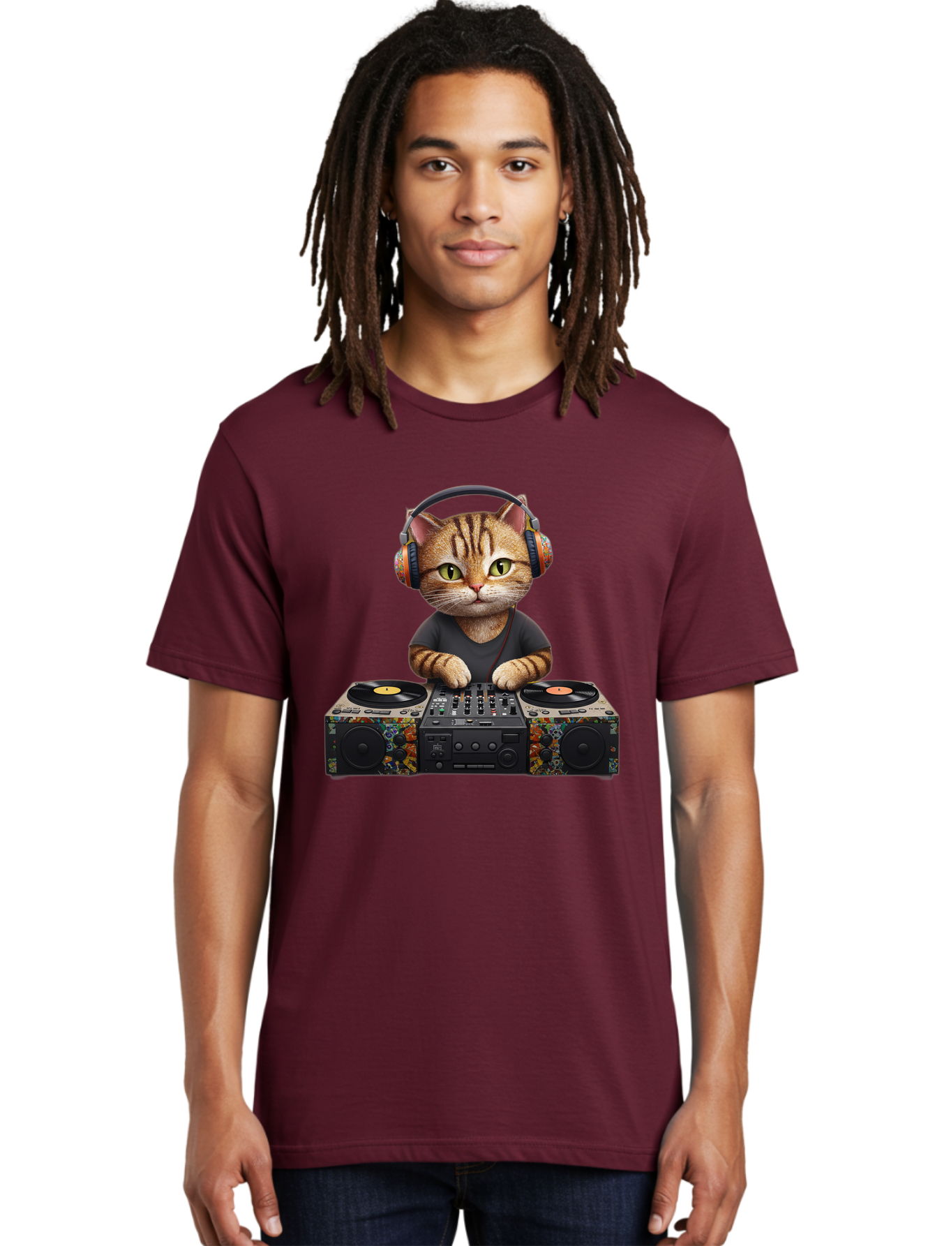 Dj-Cat-1 Men'S Graphic Tee, 100% Cotton, Comfortable Casual Summer Wear, Machine Washable, Cat Wearing Headphones, Dj Equipment, Turntables, Mixer, Music Production, Electronic Dance Music, Feline Dj, Vinyl Records, Music Mixing, Bad035