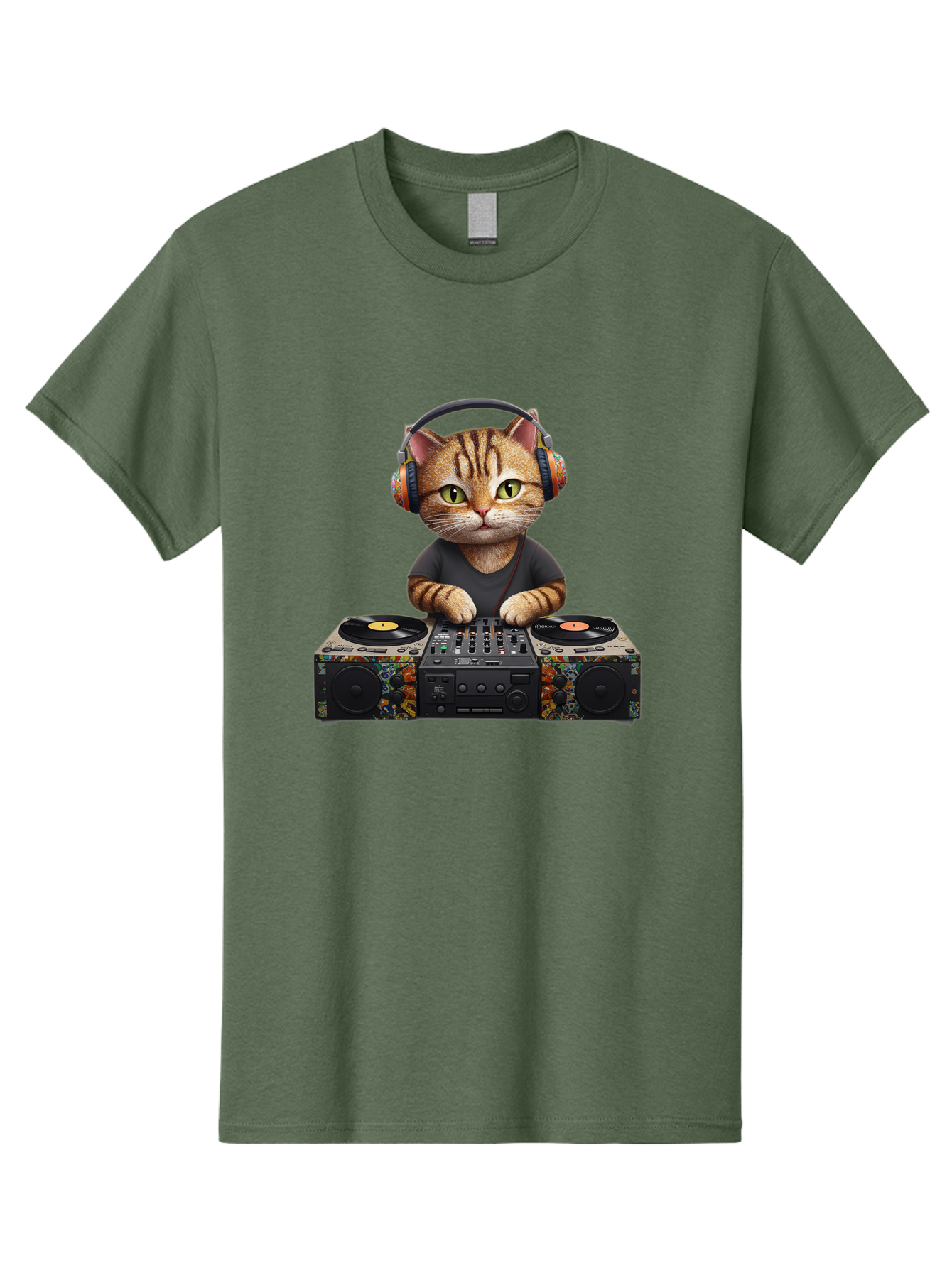 Dj-Cat-1 Men'S Graphic Tee, 100% Cotton, Comfortable Casual Summer Wear, Machine Washable, Cat Wearing Headphones, Dj Equipment, Turntables, Mixer, Music Production, Electronic Dance Music, Feline Dj, Vinyl Records, Music Mixing, Bad035